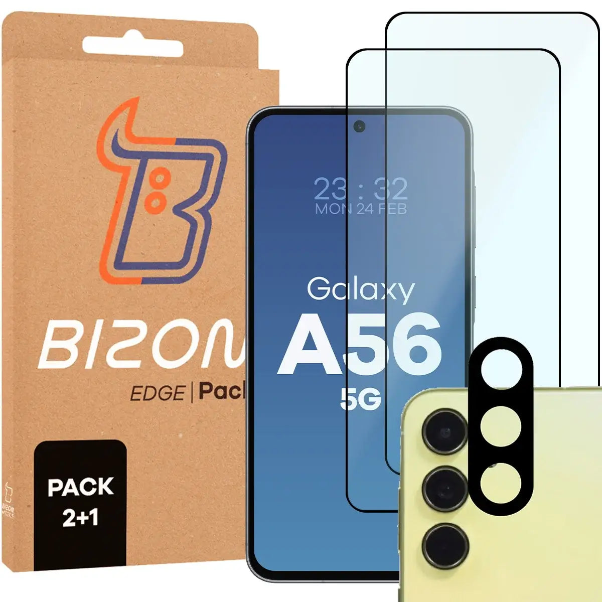 Gehärtetes Glas - 2 Stück + Kameraschutz für Galaxy A56 5G, Bizon Glass Edge Pack, Schwarz