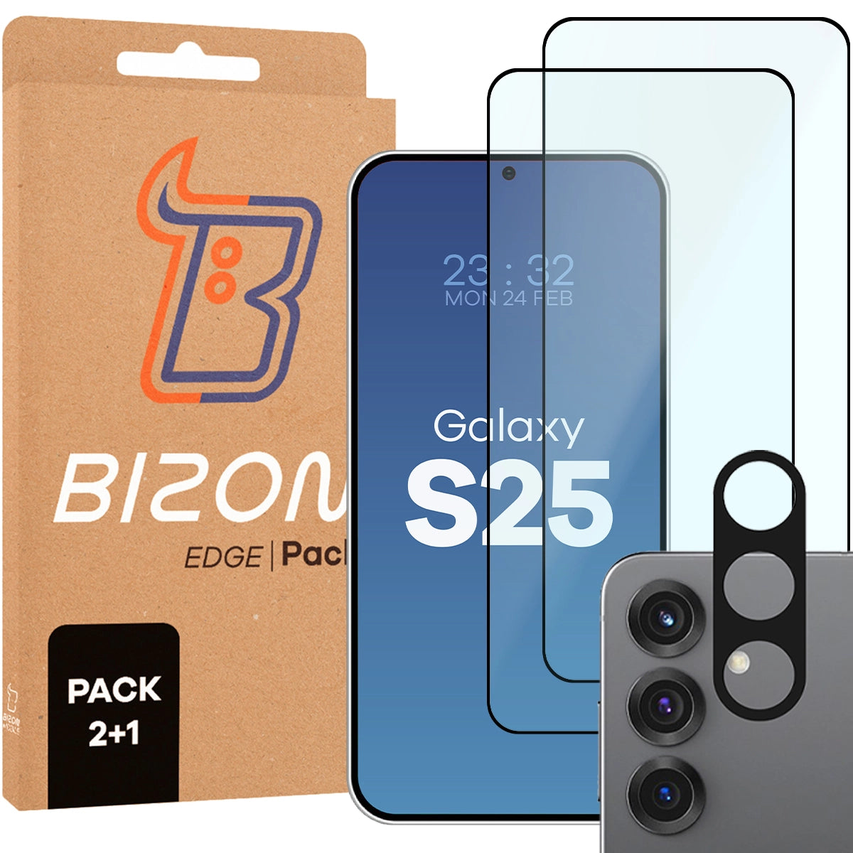 Gehärtetes Glas - 2 Stück + Kameraschutz für Galaxy S25, Bizon Glass Edge Pack, Schwarz