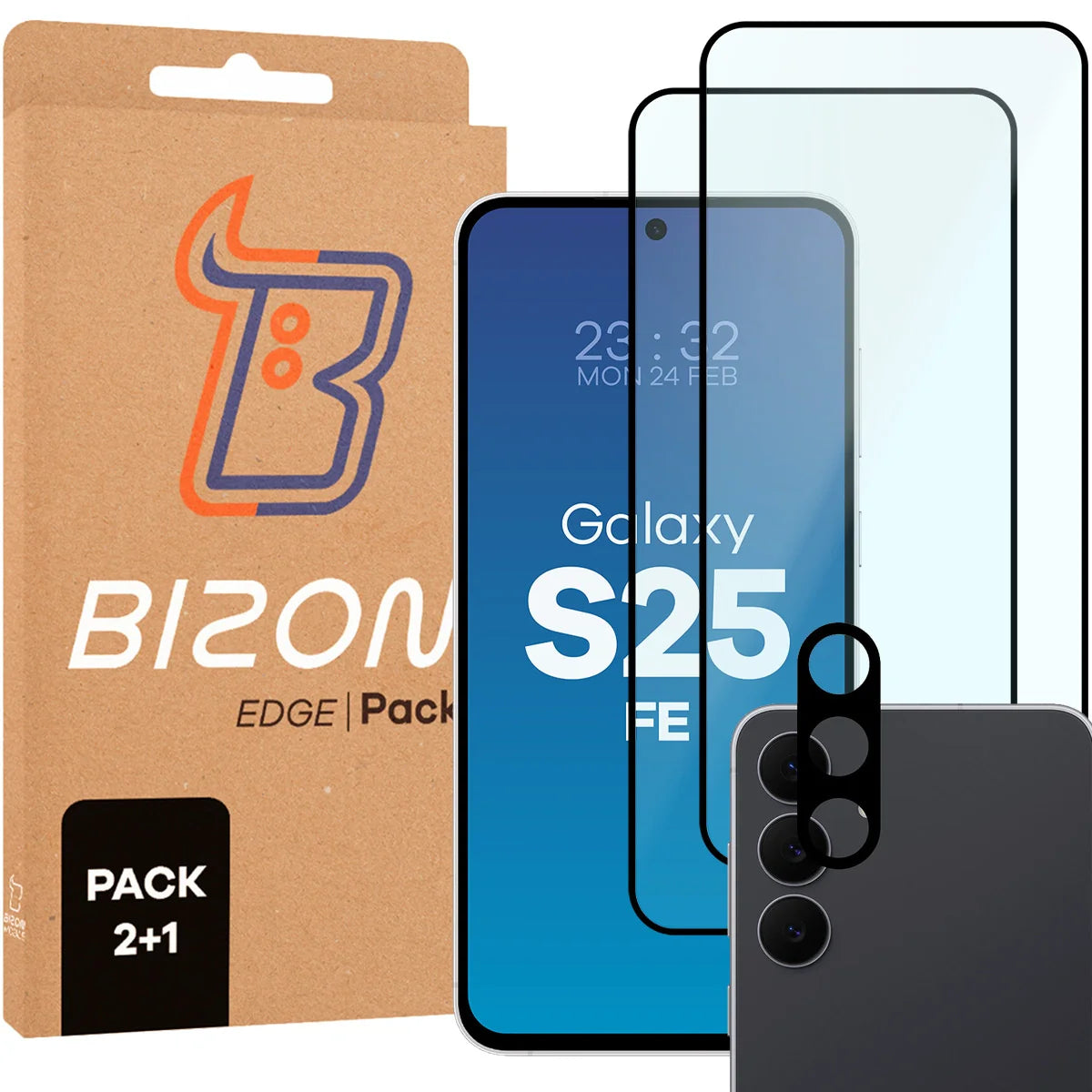 Gehärtetes Glas - 2 Stück + Kameraschutz für Galaxy S25 FE, Bizon Glass Edge Pack, Schwarz
