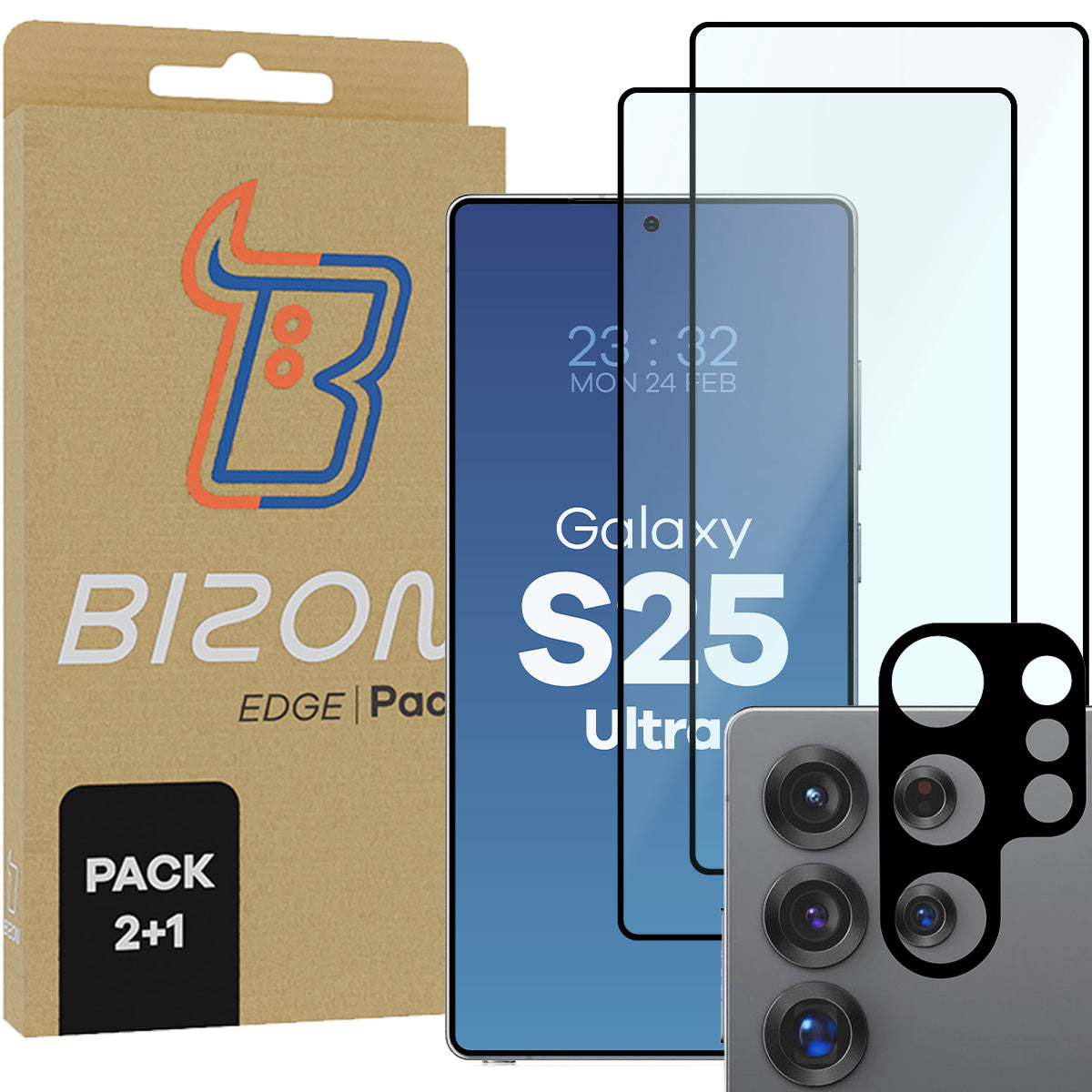 Gehärtetes Glas - 2 Stück + Kameraschutz für Galaxy S25 Ultra, Bizon Glass Edge Pack, Schwarz