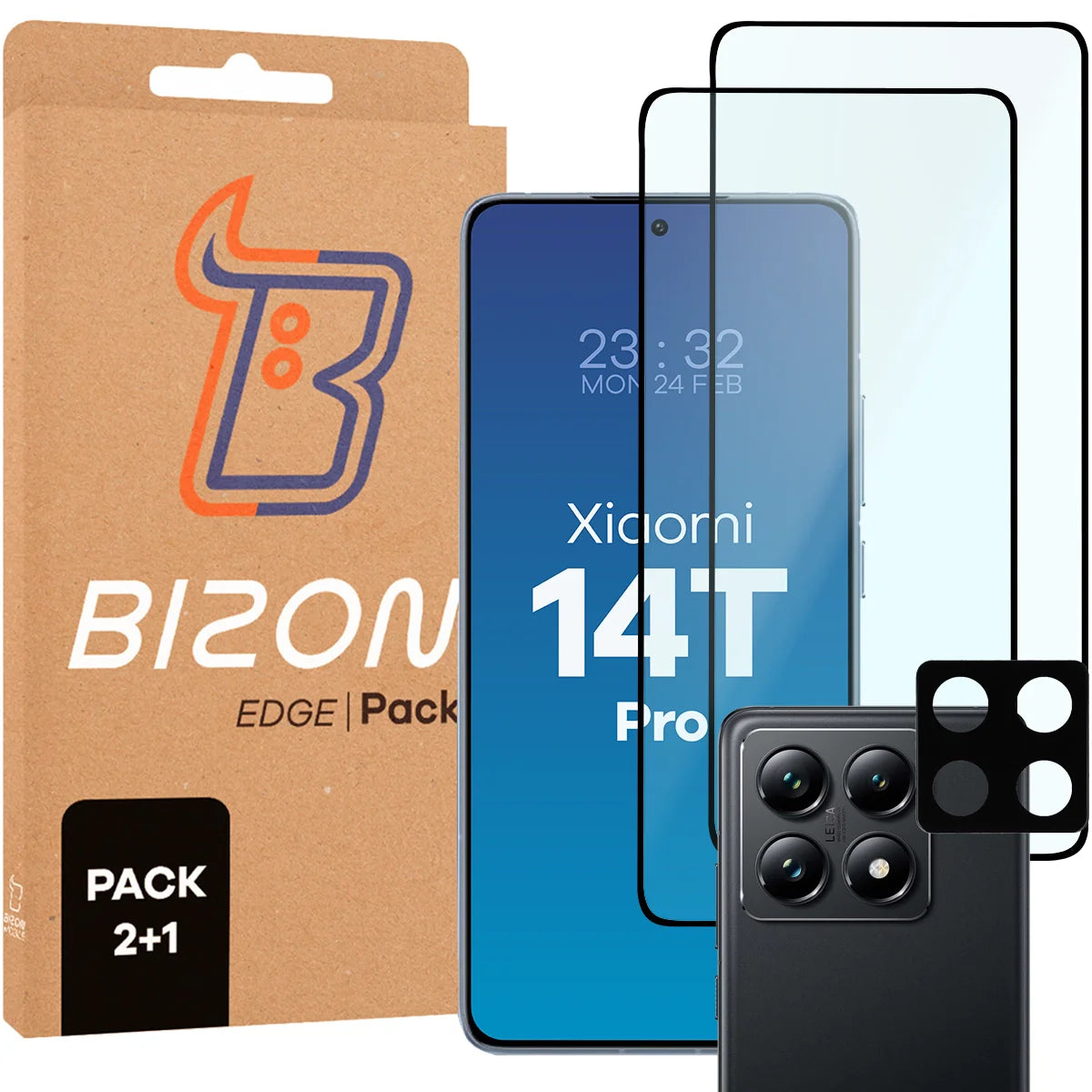 Gehärtetes Glas - 2 Stück + Kameraschutz für Xiaomi 14T Pro, Bizon Glass Edge Pack, Schwarz