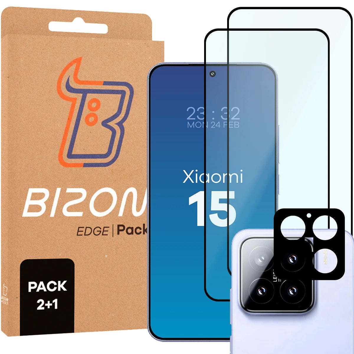 Gehärtetes Glas - 2 Stück + Kameraschutz für Xiaomi 15, Bizon Glass Edge Pack, Schwarz