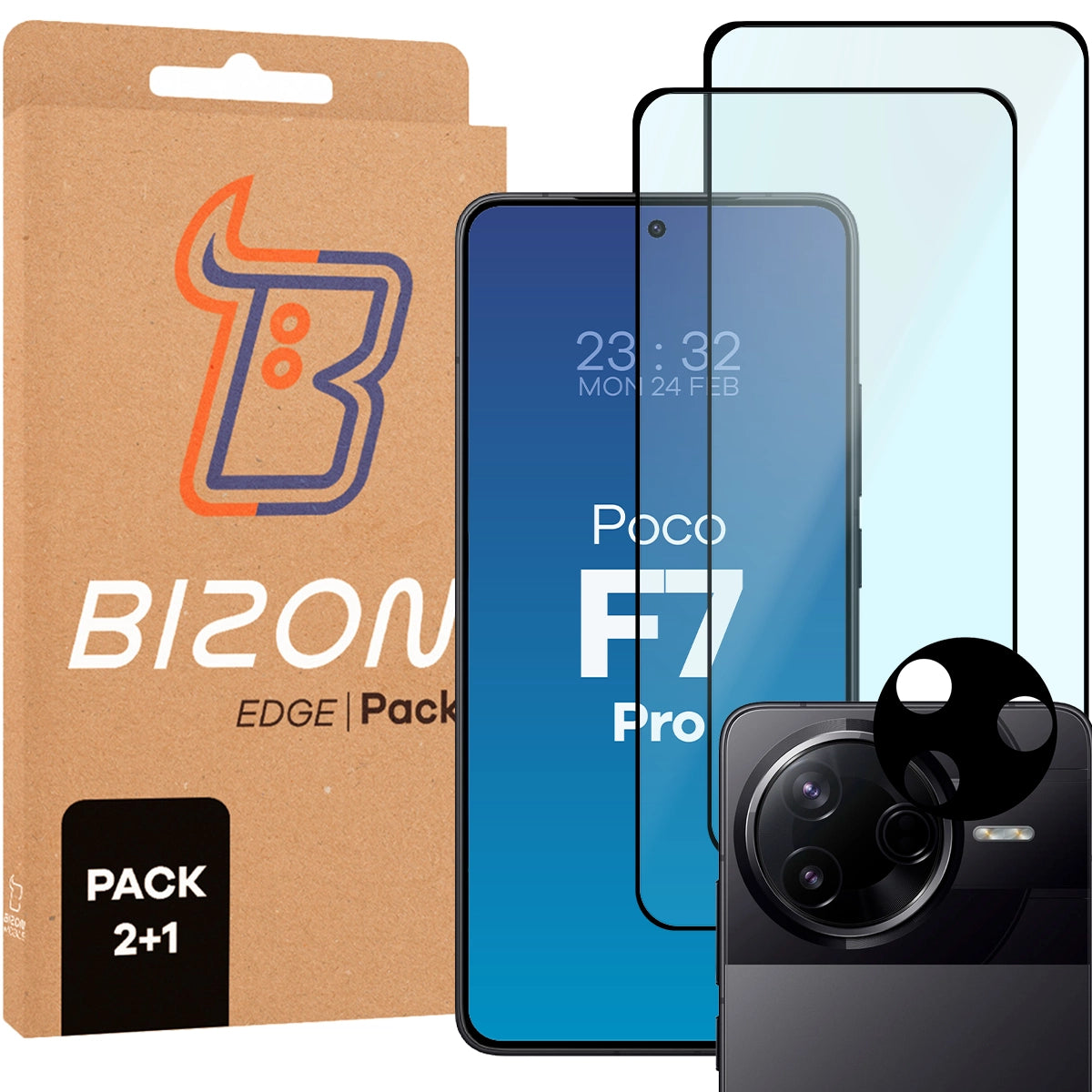 Gehärtetes Glas - 2 Stück + Kameraschutz für Xiaomi Poco F7 Pro, Bizon Glass Edge Pack, Schwarz
