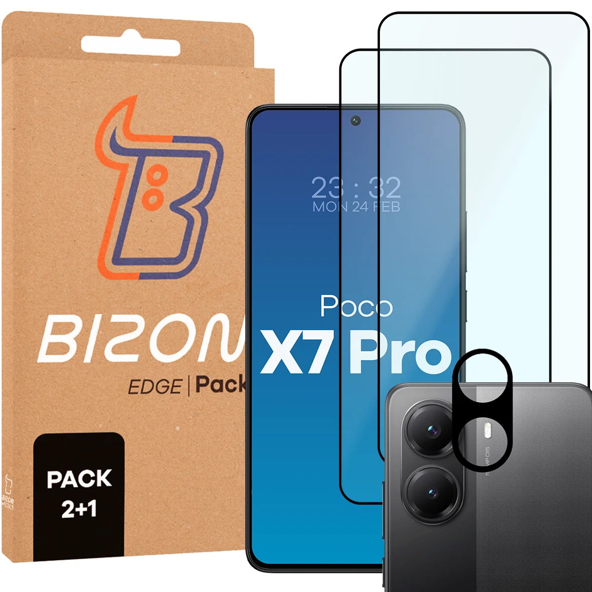 Gehärtetes Glas - 2 Stück + Kameraschutz für Xiaomi POCO X7 Pro, Bizon Glass Edge Pack, Schwarz