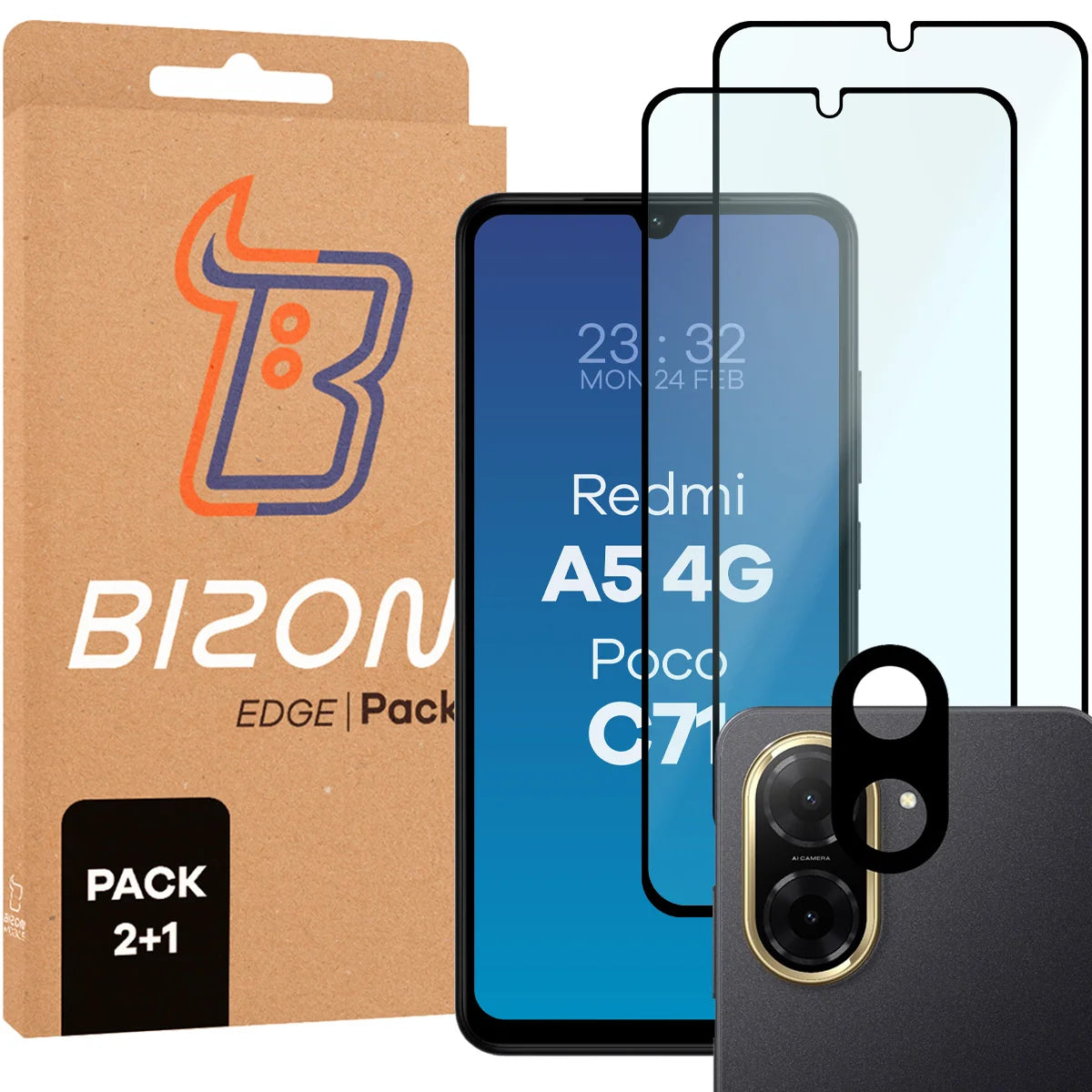 Gehärtetes Glas - 2 Stück + Kameraschutz für Xiaomi Redmi A5 4G / POCO C71 4G, Bizon Glass Edge Pack, Schwarz