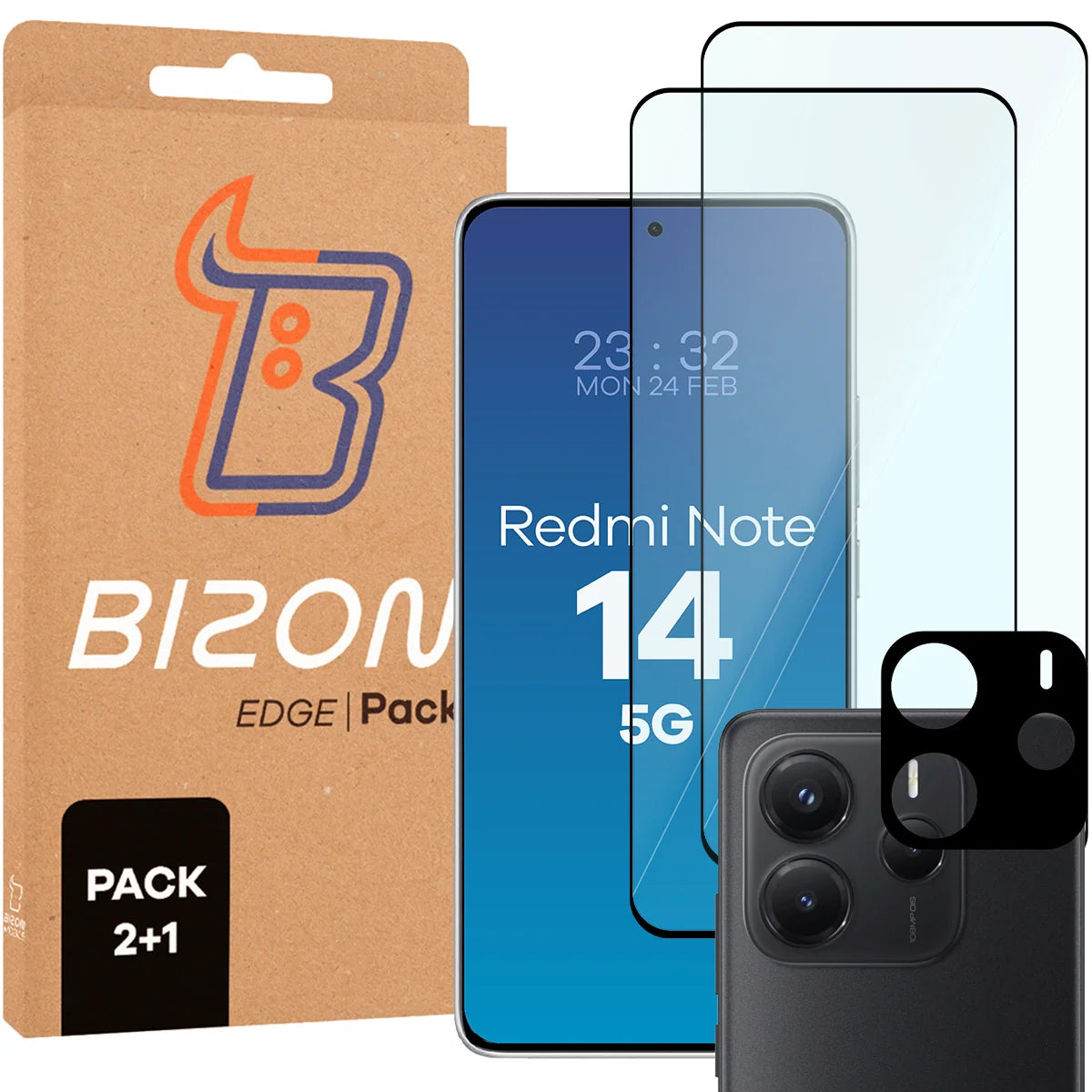Gehärtetes Glas - 2 Stück + Kameraschutz für Xiaomi Redmi Note 14 5G, Bizon Glass Edge Pack, Schwarz