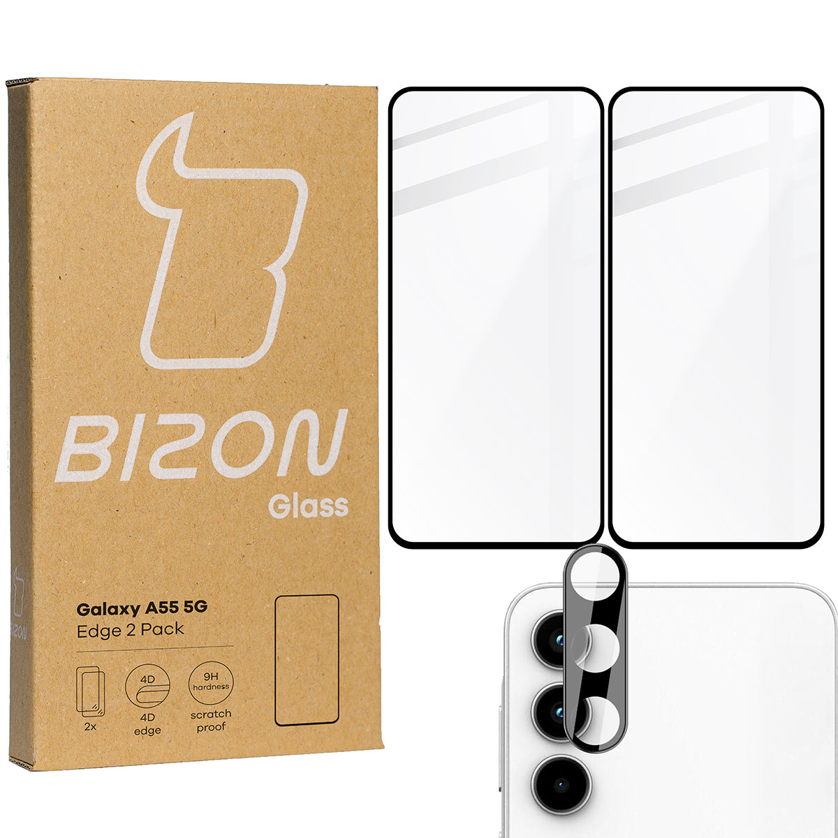 Gehärtetes Glas 2 Stück + Kameraschutz für Galaxy A55 5G, Bizon Glass Edge Pack, Schwarz