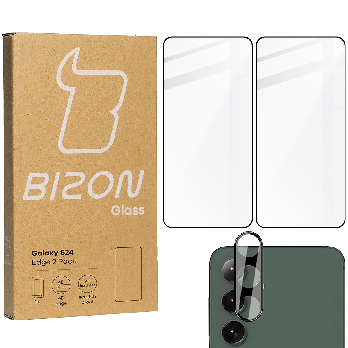 Gehärtetes Glas 2 Stück + Kameraschutz für Galaxy S24, Bizon Glass Edge Pack, Schwarz