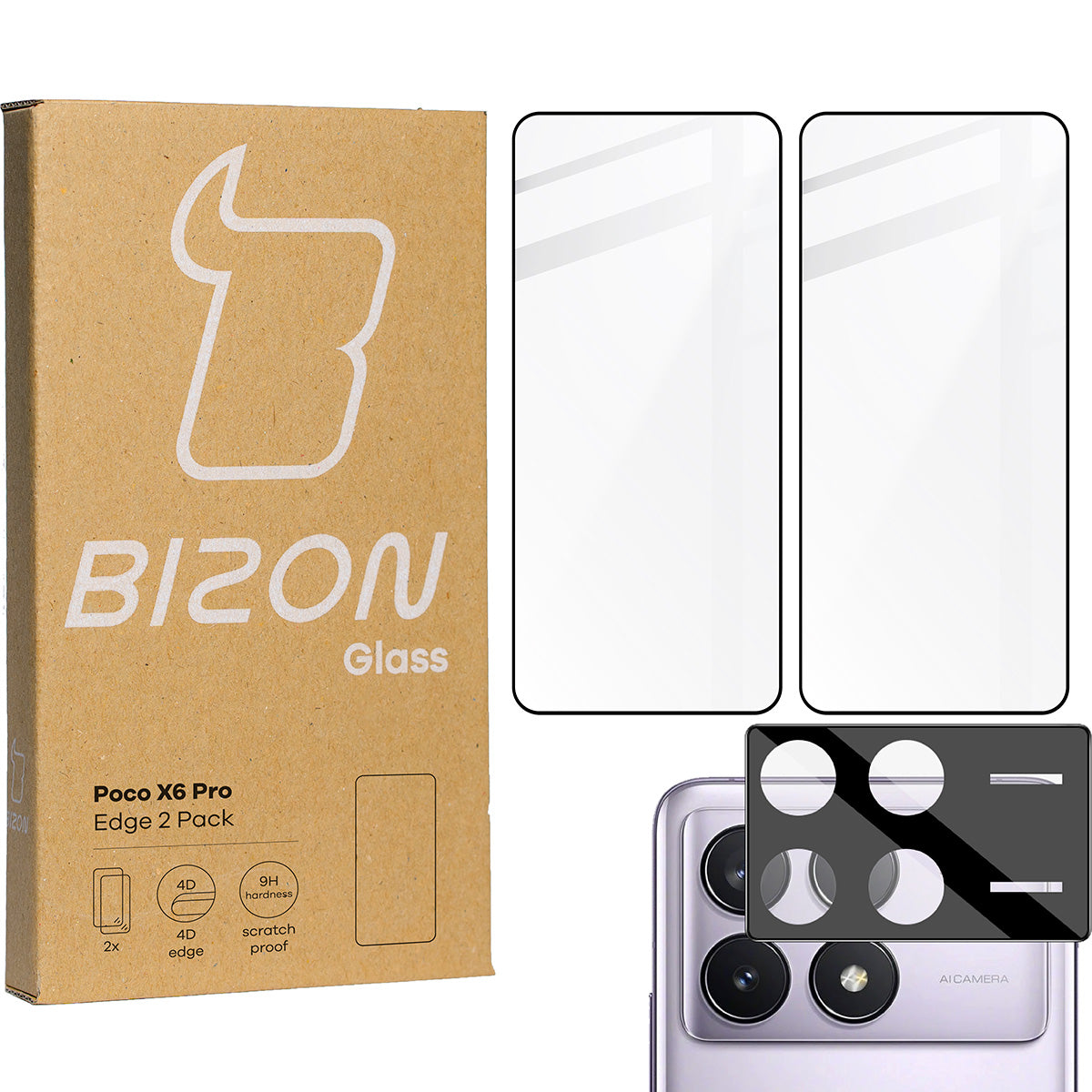 Gehärtetes Glas 2 Stück + Kameraschutz für Xiaomi Poco X6 Pro, Bizon Glass Edge Pack, Schwarz