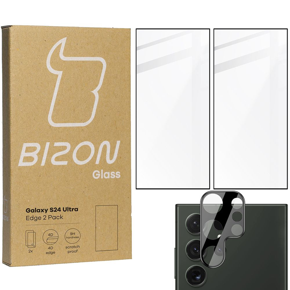 Gehärtetes Glas 2 Stück + Kameraschutz für Galaxy S24 Ultra, Bizon Glass Edge Pack, Schwarz
