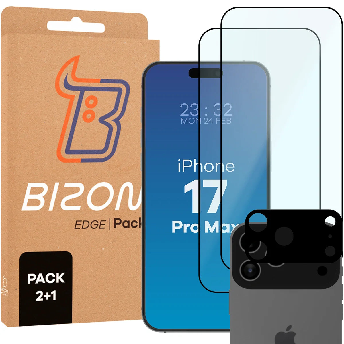 Gehärtetes Glas - 2 Stück + Kameraschutz für iPhone 17 Pro Max, Bizon Glass Edge Pack, Schwarz