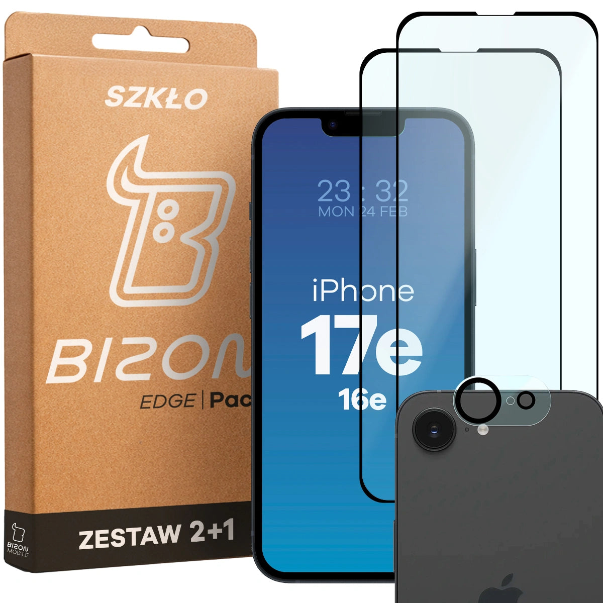 Gehärtetes Glas - 2 Stück + Kameraschutz für iPhone 17e / 16e, Bizon Glass Edge Pack, Schwarz