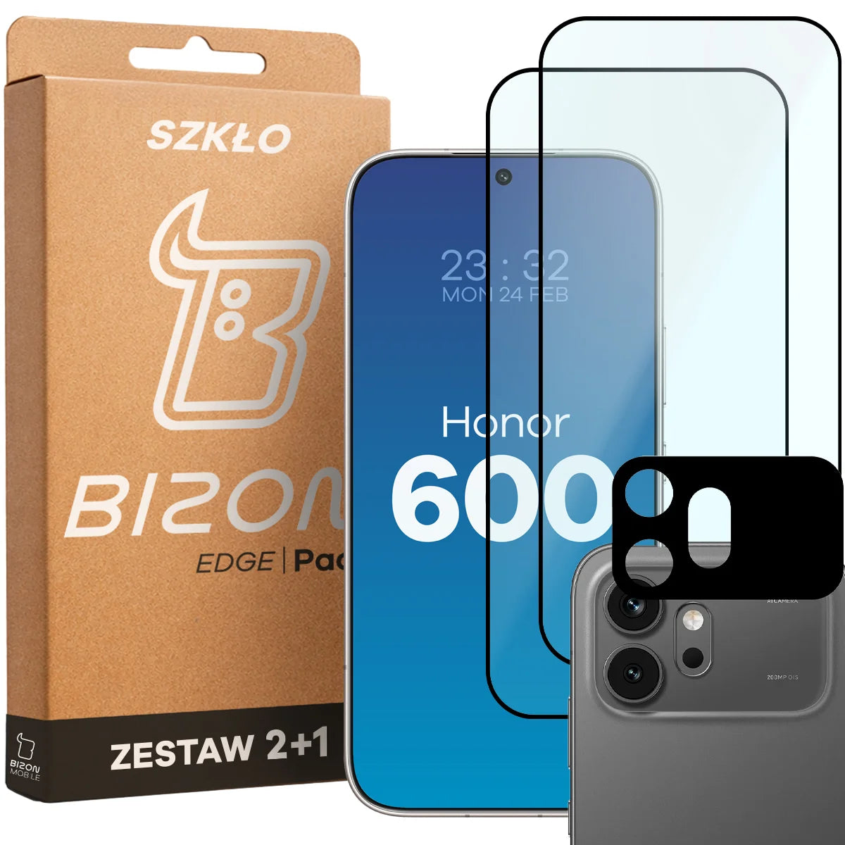 Gehärtetes Glas - 2 Stück + Kameraschutz für Honor 600 5G, Bizon Glass Edge Pack, Schwarz