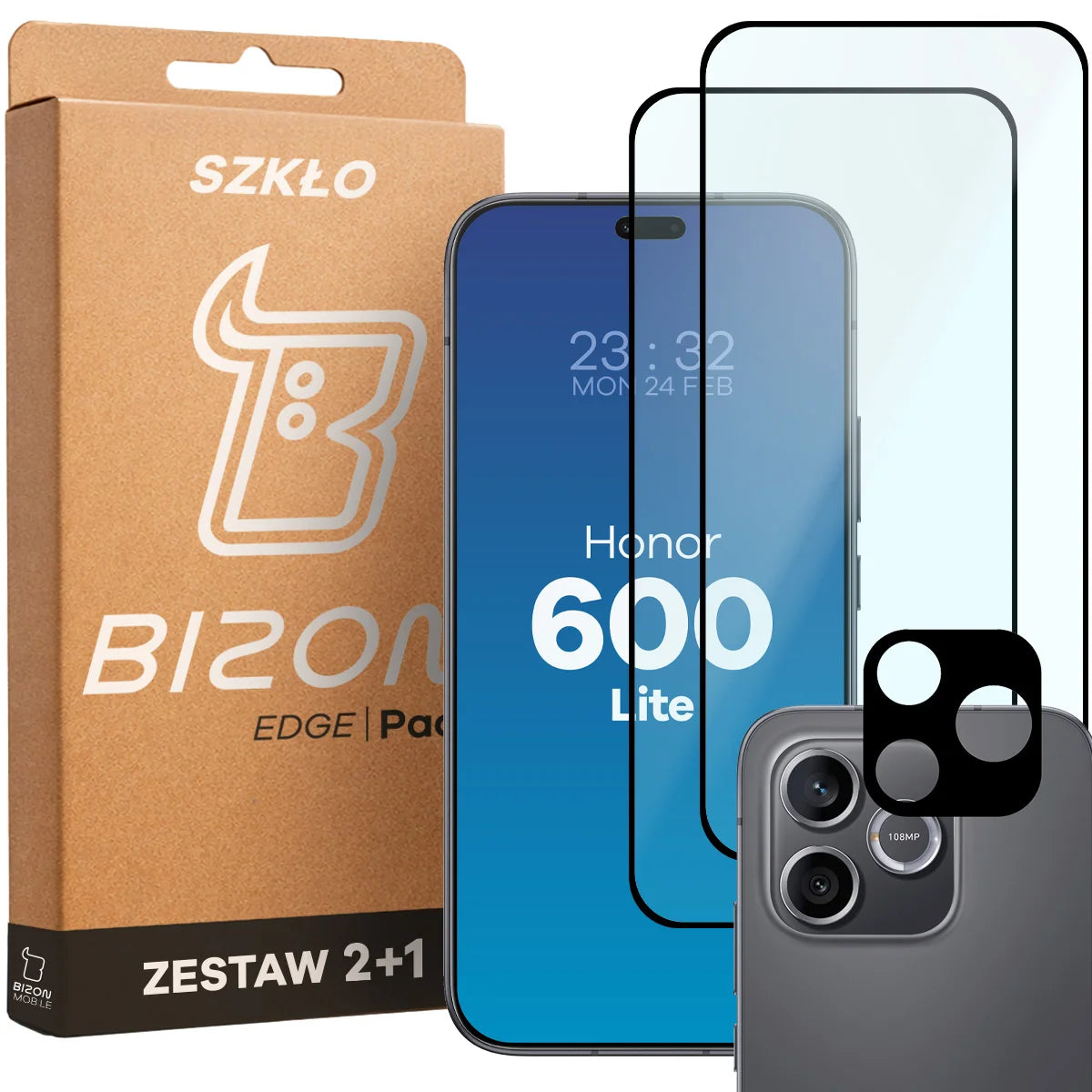 Gehärtetes Glas - 2 Stück + Kameraschutz für Honor 600 Lite 5G, Bizon Glass Edge Pack, Schwarz