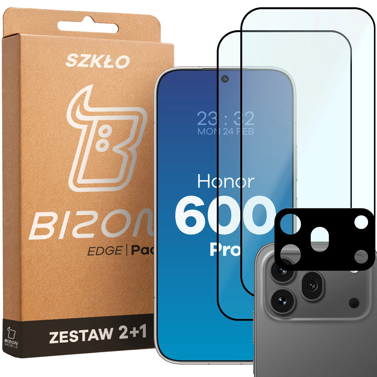 Gehärtetes Glas - 2 Stück + Kameraschutz für Honor 600 Pro 5G, Bizon Glass Edge Pack, Schwarz