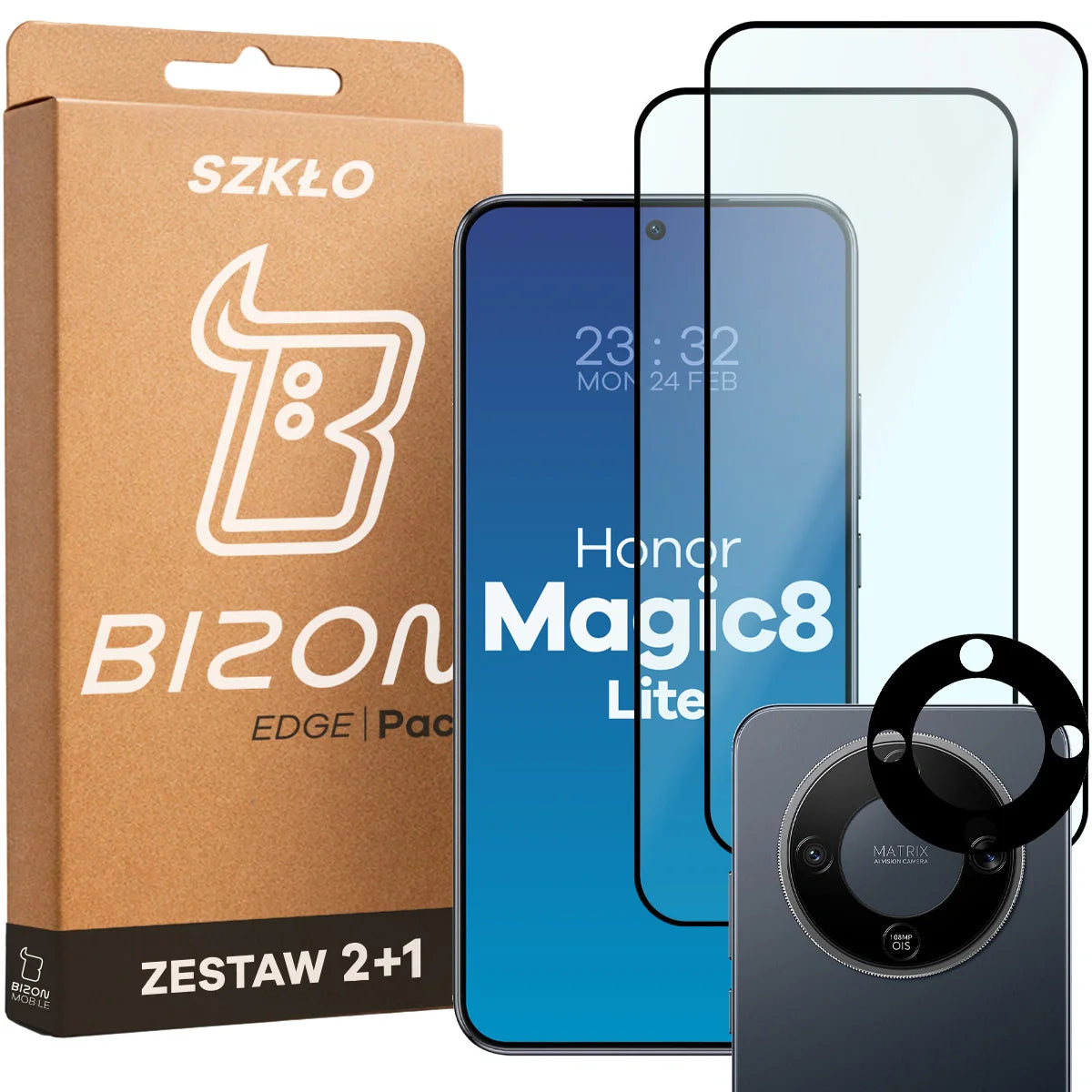 Gehärtetes Glas - 2 Stück + Kameraschutz für Honor Magic8 Lite, Bizon Glass Edge Pack, Schwarz