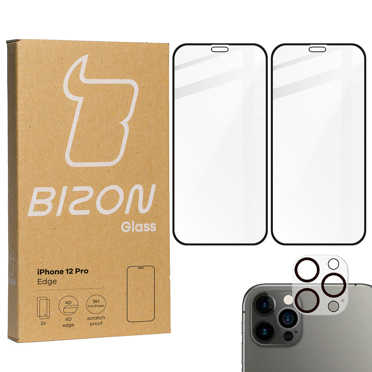 Gehärtetes Glas - 2 Stück + Kameraschutz für iPhone 12 Pro, Bizon Glass Edge Pack, Bizon Glass Edge Pack, Schwarz