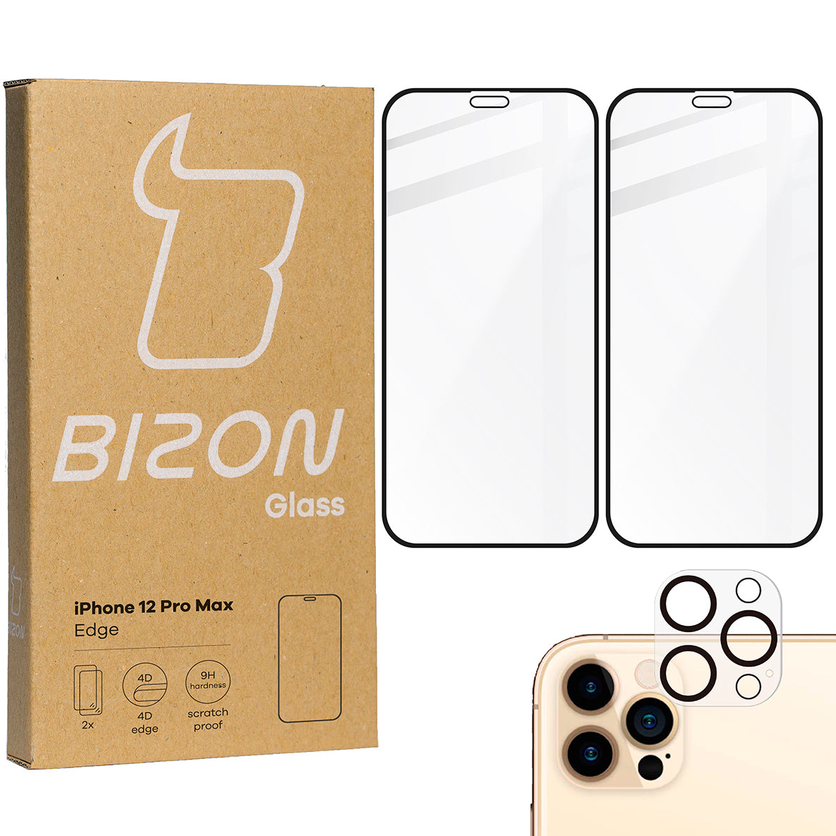 Gehärtetes Glas - 2 Stück + Kameraschutz für iPhone 12 Pro Max, Bizon Glass Edge Pack, Bizon Glass Edge Pack, Schwarz