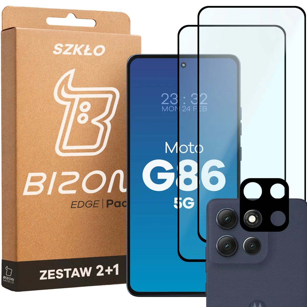 Gehärtetes Glas - 2 Stück + Kameraschutz für Motorola Moto G86 5G, Bizon Glass Edge Pack, Schwarz