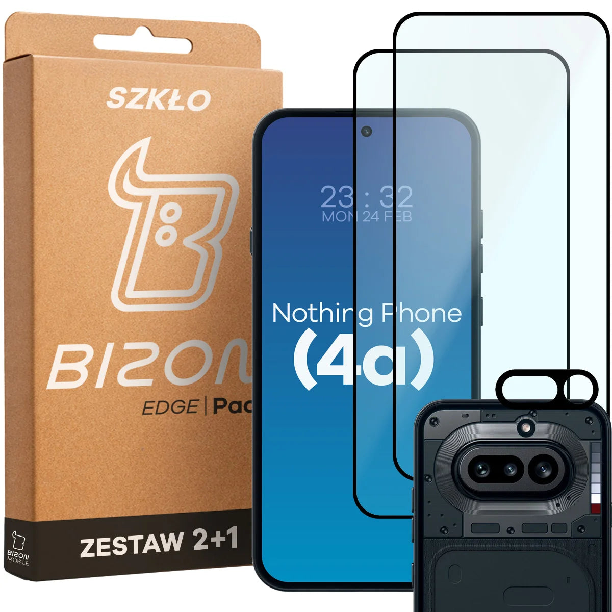 Gehärtetes Glas - 2 Stück + Kameraschutz für Nothing Phone (4a), Bizon Glass Edge Pack, Schwarz