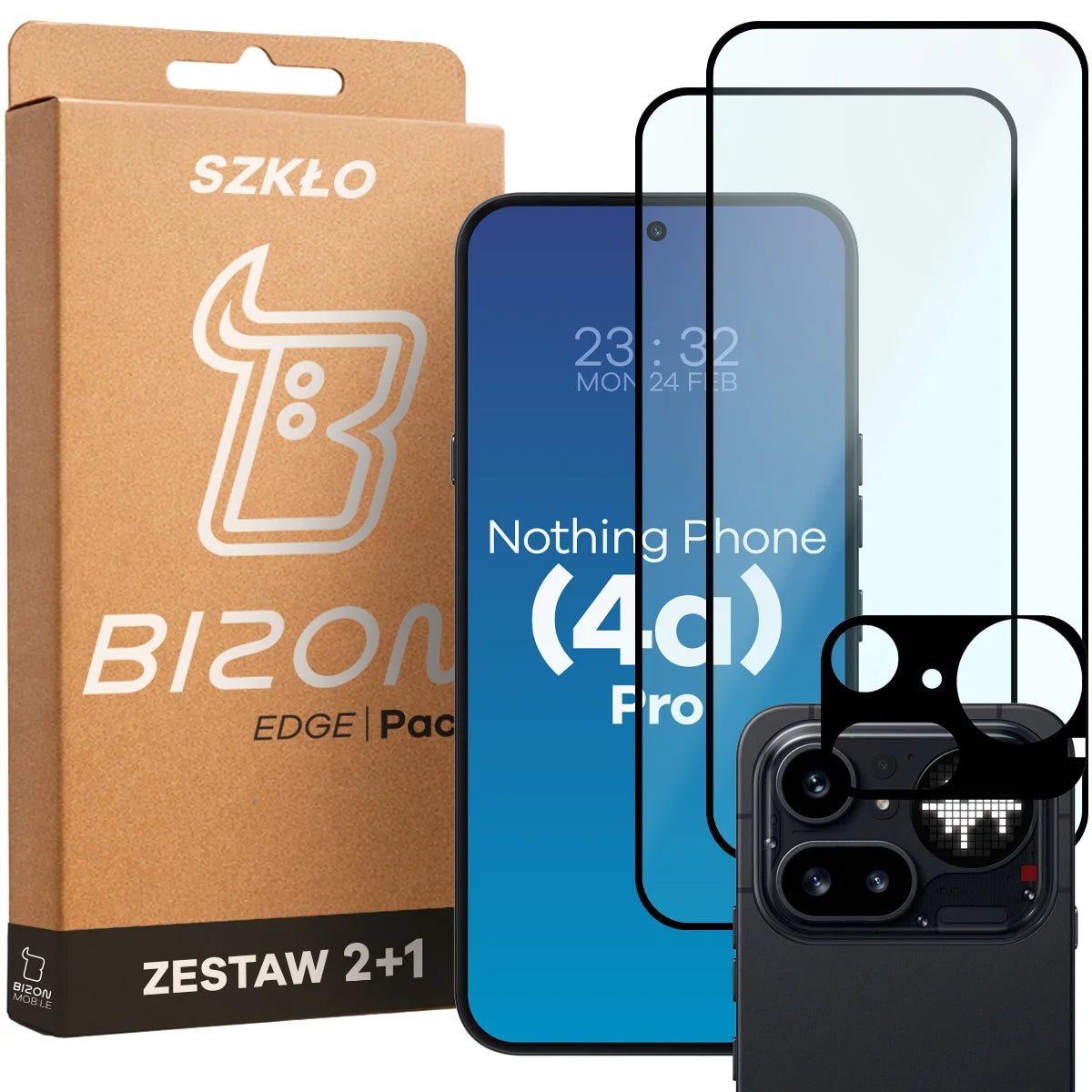 Gehärtetes Glas - 2 Stück + Kameraschutz für Nothing Phone (4a) Pro, Bizon Glass Edge Pack, Schwarz
