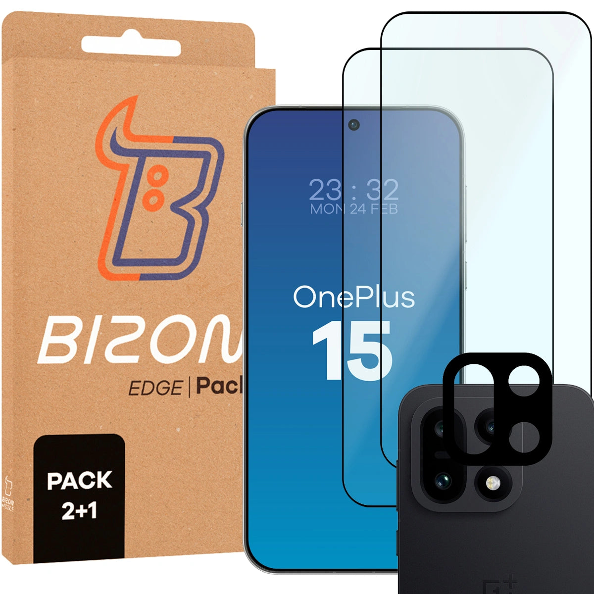 Gehärtetes Glas - 2 Stück + Kameraschutz für OnePlus 15, Bizon Glass Edge Pack, Schwarz