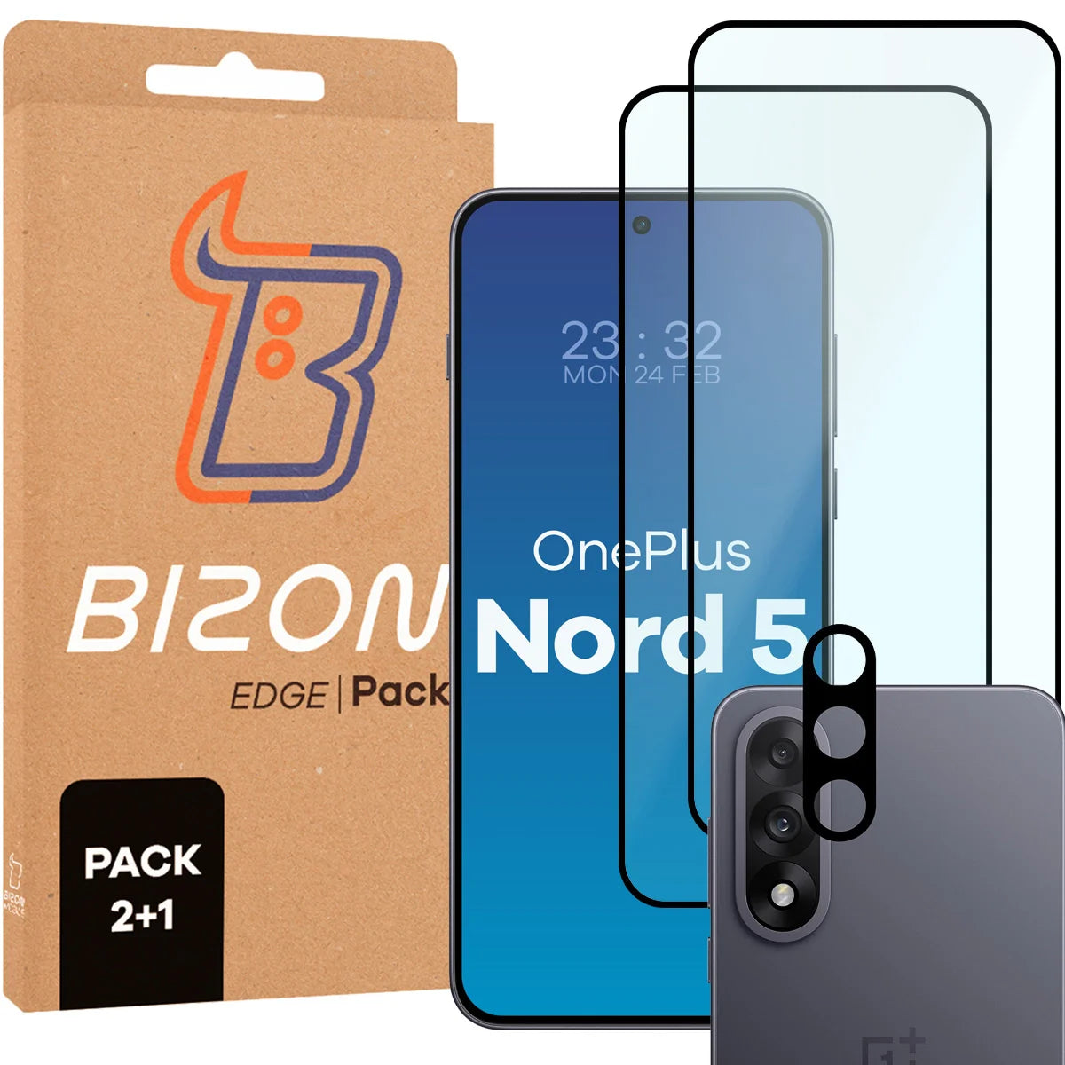 Gehärtetes Glas - 2 Stück + Kameraschutz für OnePlus Nord 5, Bizon Glass Edge Pack, Schwarz