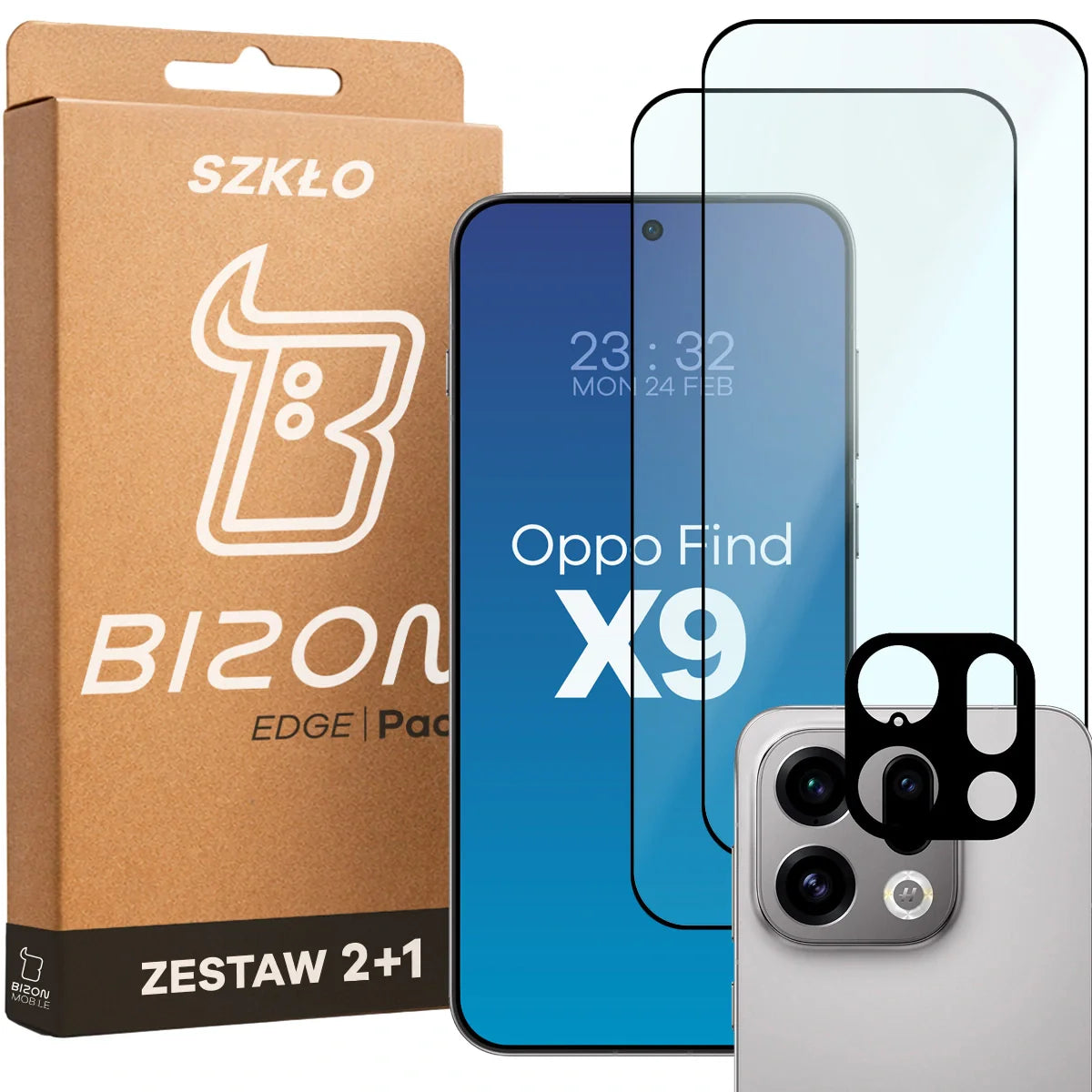 Gehärtetes Glas - 2 Stück + Kameraschutz für Oppo Find X9, Bizon Glass Edge Pack, Schwarz