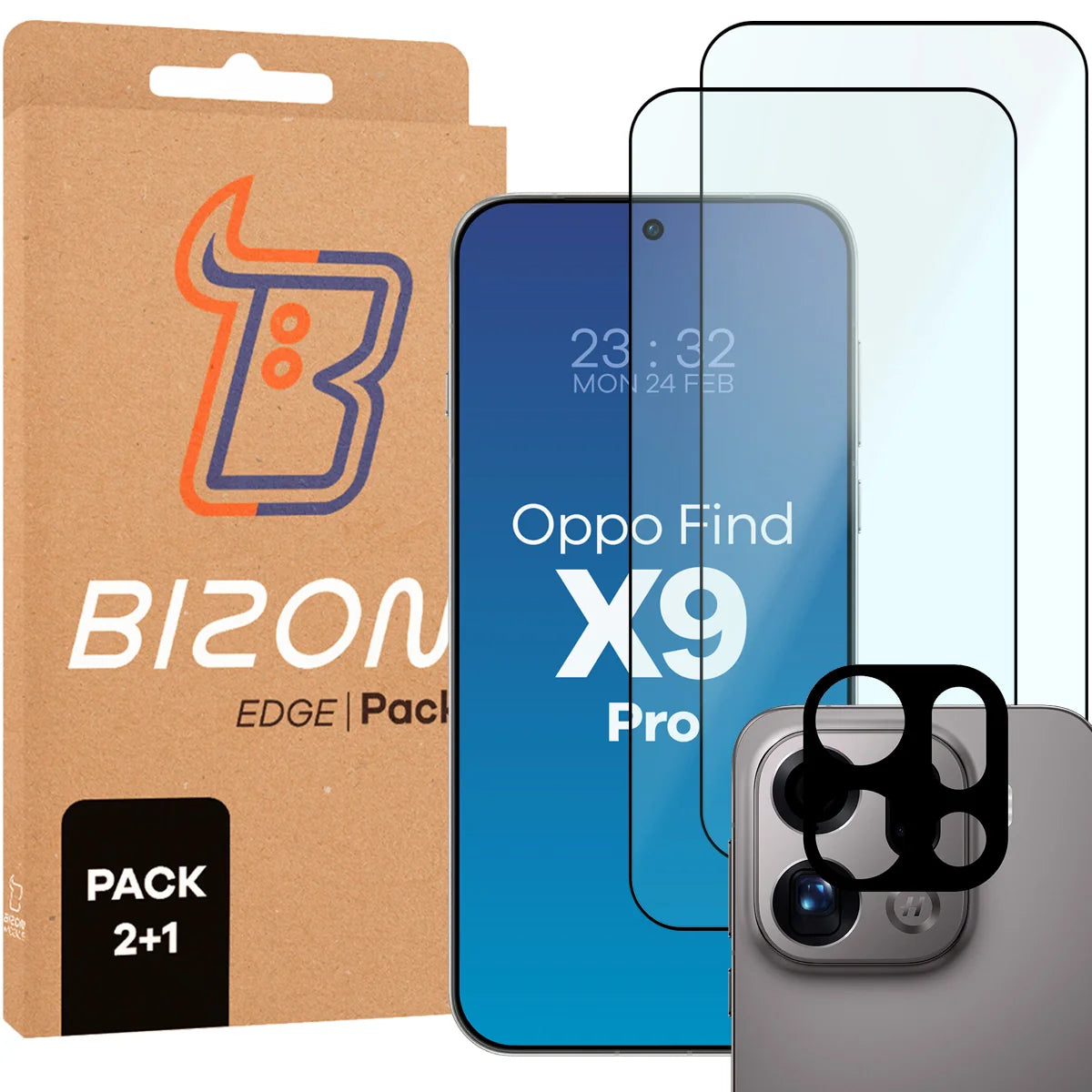 Gehärtetes Glas - 2 Stück + Kameraschutz für Oppo Find X9 Pro, Bizon Glass Edge Pack, Schwarz