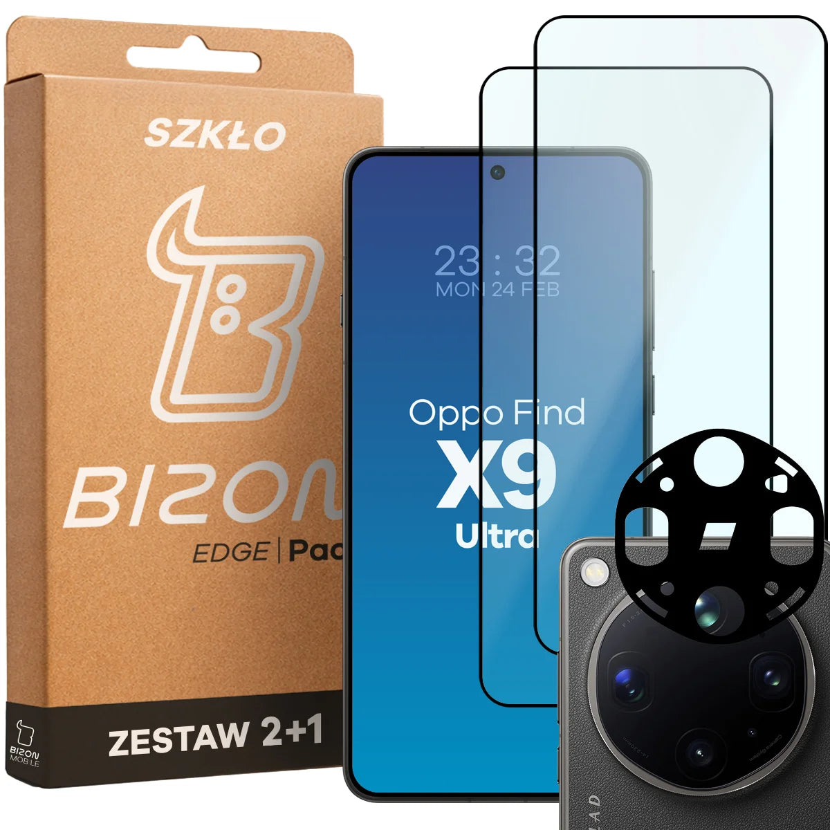 Gehärtetes Glas - 2 Stück + Kameraschutz für Oppo Find X9 Ultra, Bizon Glass Edge Pack, Schwarz