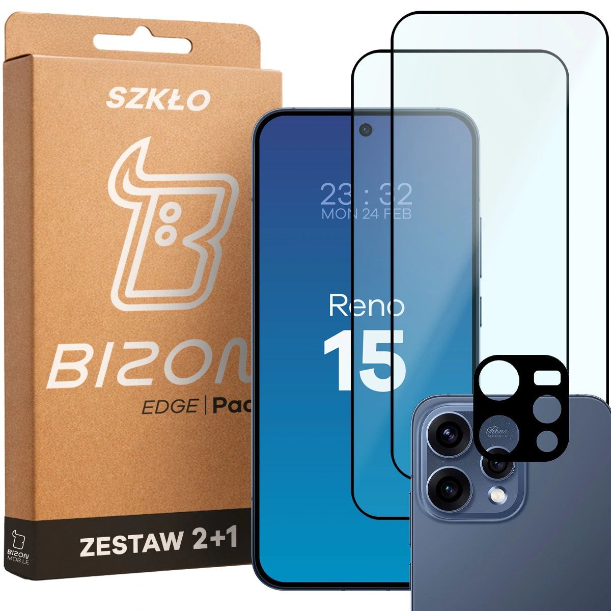 Gehärtetes Glas - 2 Stück + Kameraschutz für Oppo Reno 15, Bizon Glass Edge Pack, Schwarz
