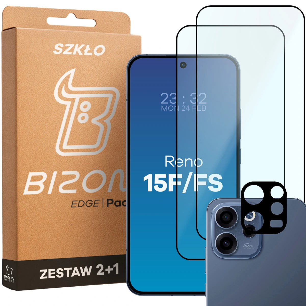 Gehärtetes Glas - 2 Stück + Kameraschutz für Oppo Reno 15 F / FS, Bizon Glass Edge Pack, Schwarz