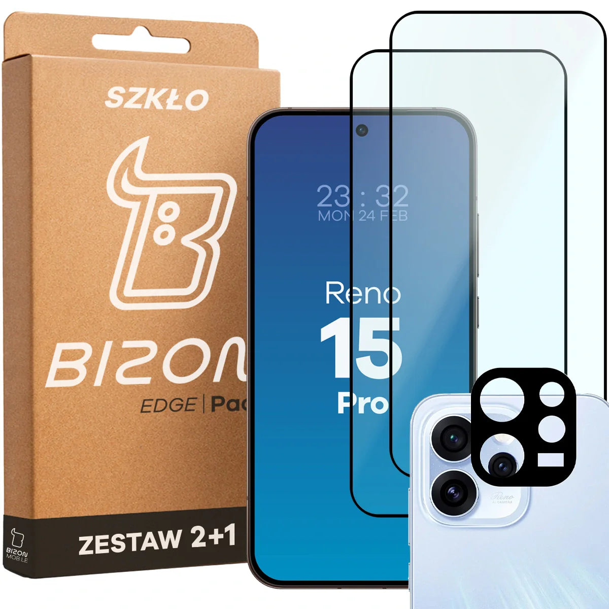 Gehärtetes Glas - 2 Stück + Kameraschutz für Oppo Reno 15 Pro, Bizon Glass Edge Pack, Schwarz
