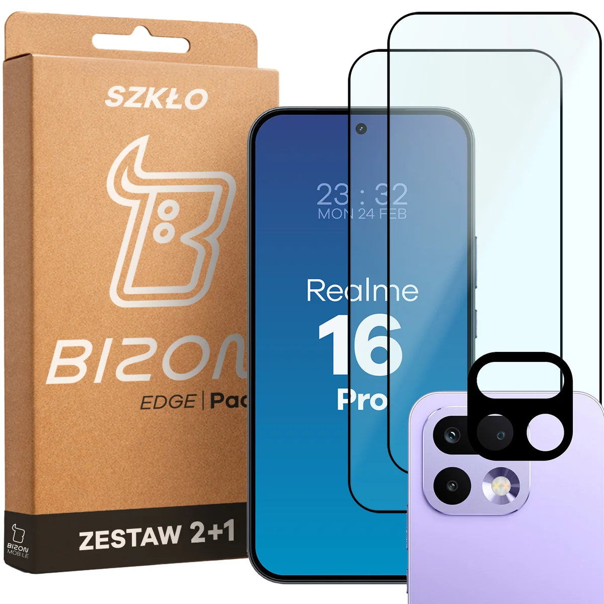 Gehärtetes Glas - 2 Stück + Kameraschutz für Realme 16 Pro 5G, Bizon Glass Edge Pack, Schwarz