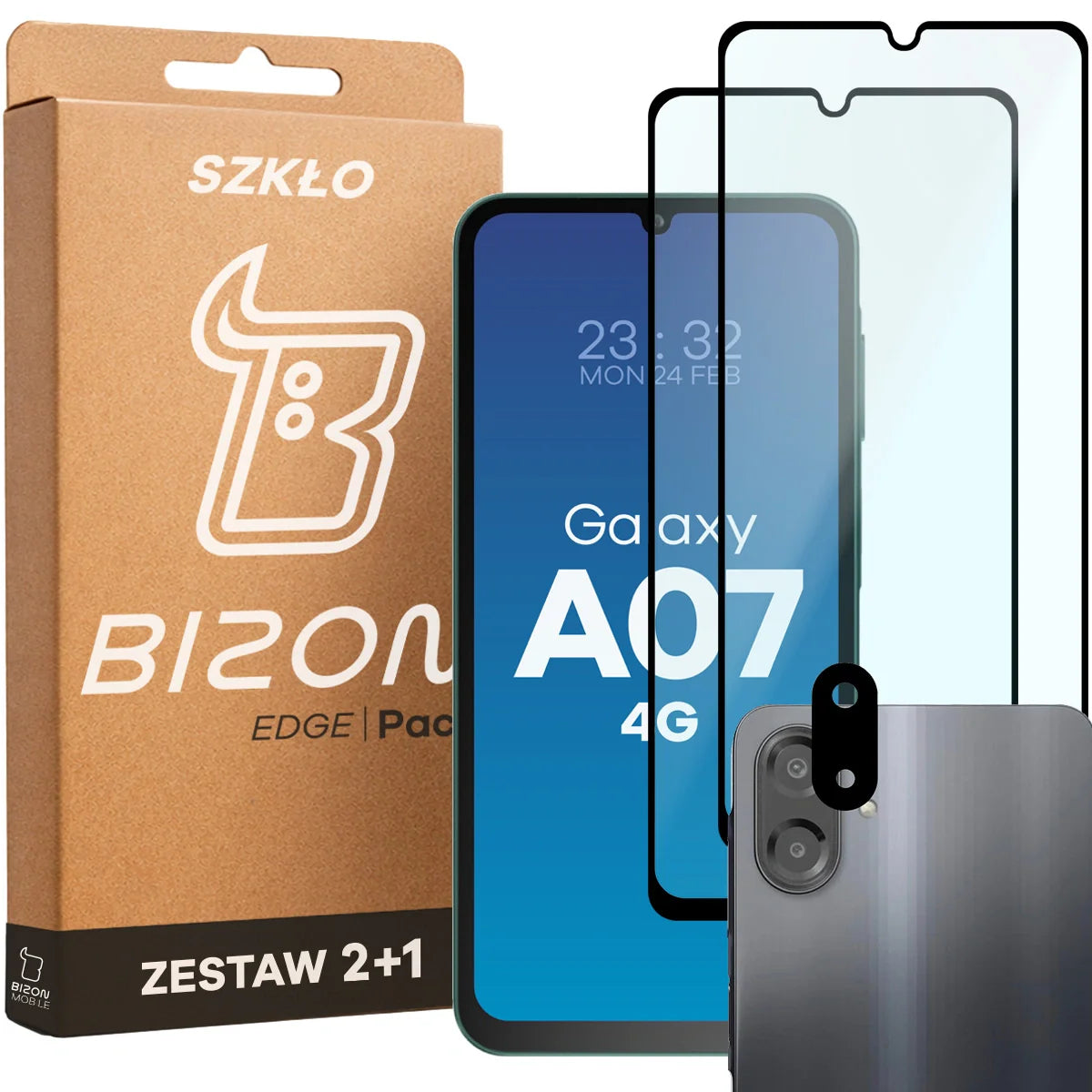 Gehärtetes Glas - 2 Stück + Kameraschutz für Galaxy A07 4G, Bizon Glass Edge Pack, Schwarz