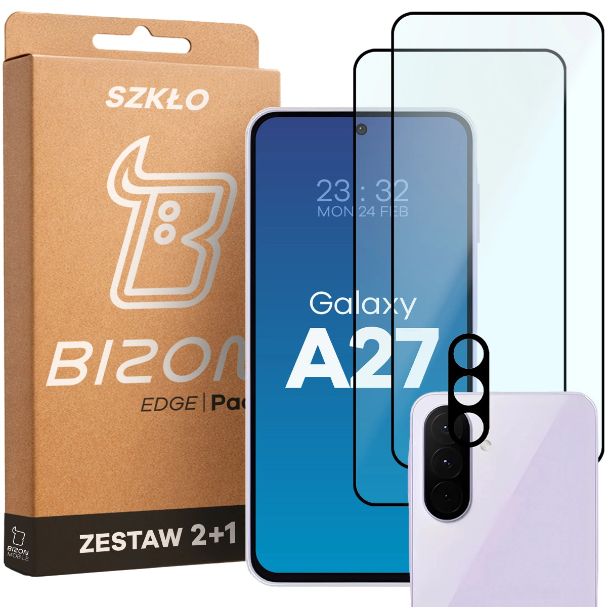 Gehärtetes Glas - 2 Stück + Kameraschutz für Galaxy A27 5G, Bizon Glass Edge Pack, Schwarz