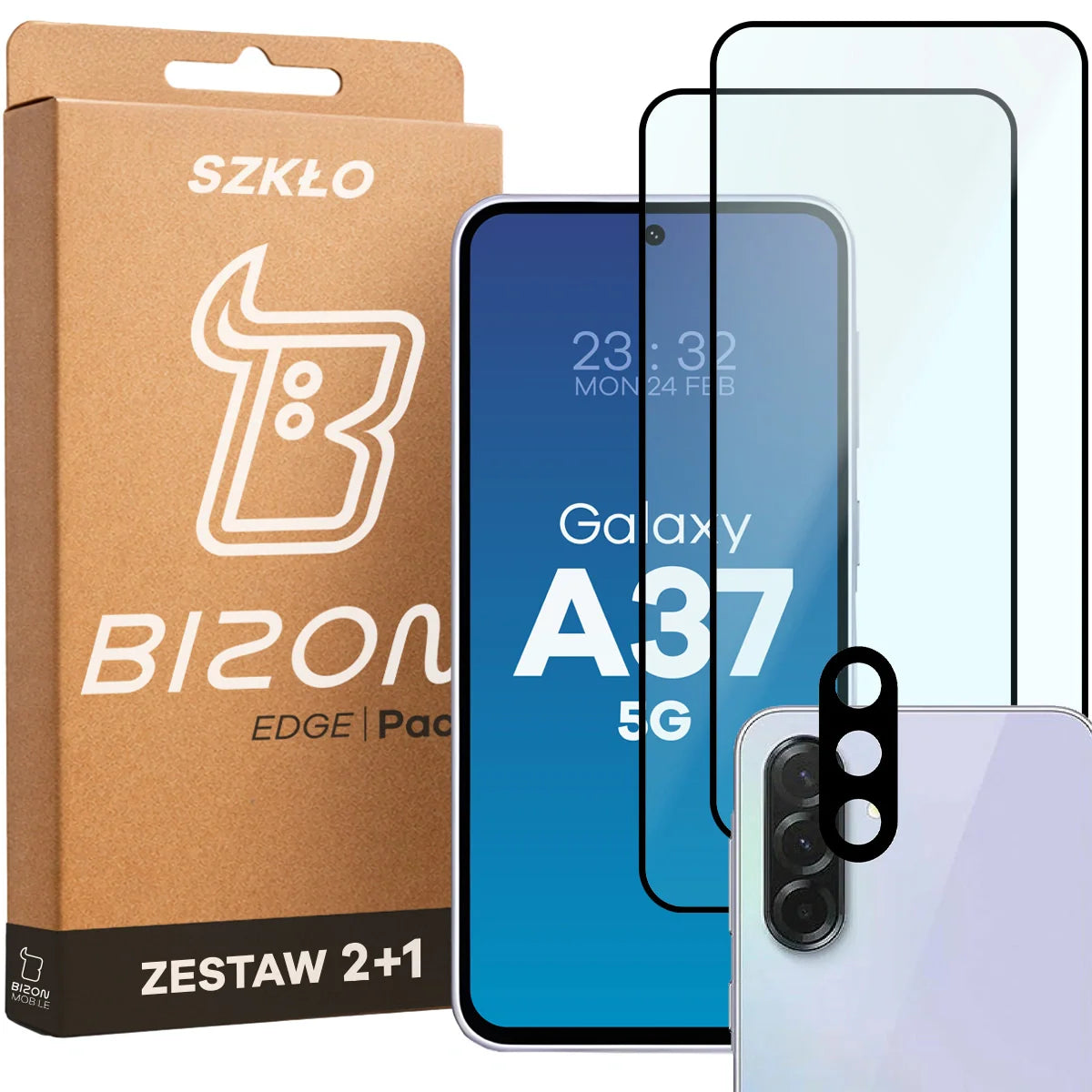Gehärtetes Glas - 2 Stück + Kameraschutz für Galaxy A37 5G, Bizon Glass Edge Pack, Schwarz