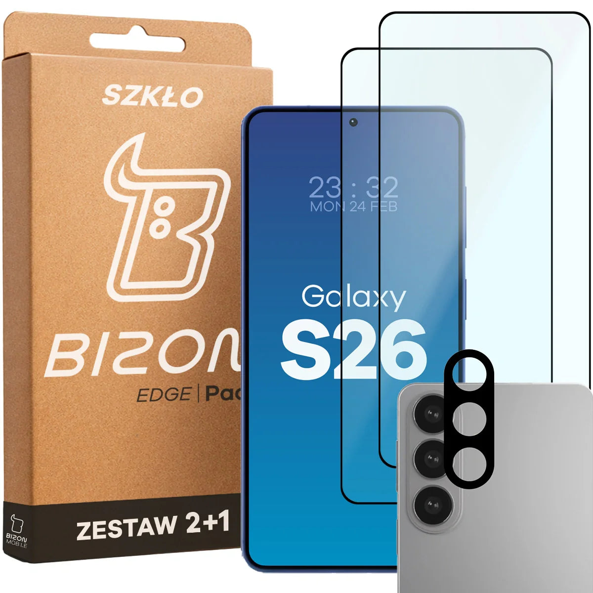 Gehärtetes Glas - 2 Stück + Kameraschutz für Galaxy S26, Bizon Glass Edge Pack, Schwarz