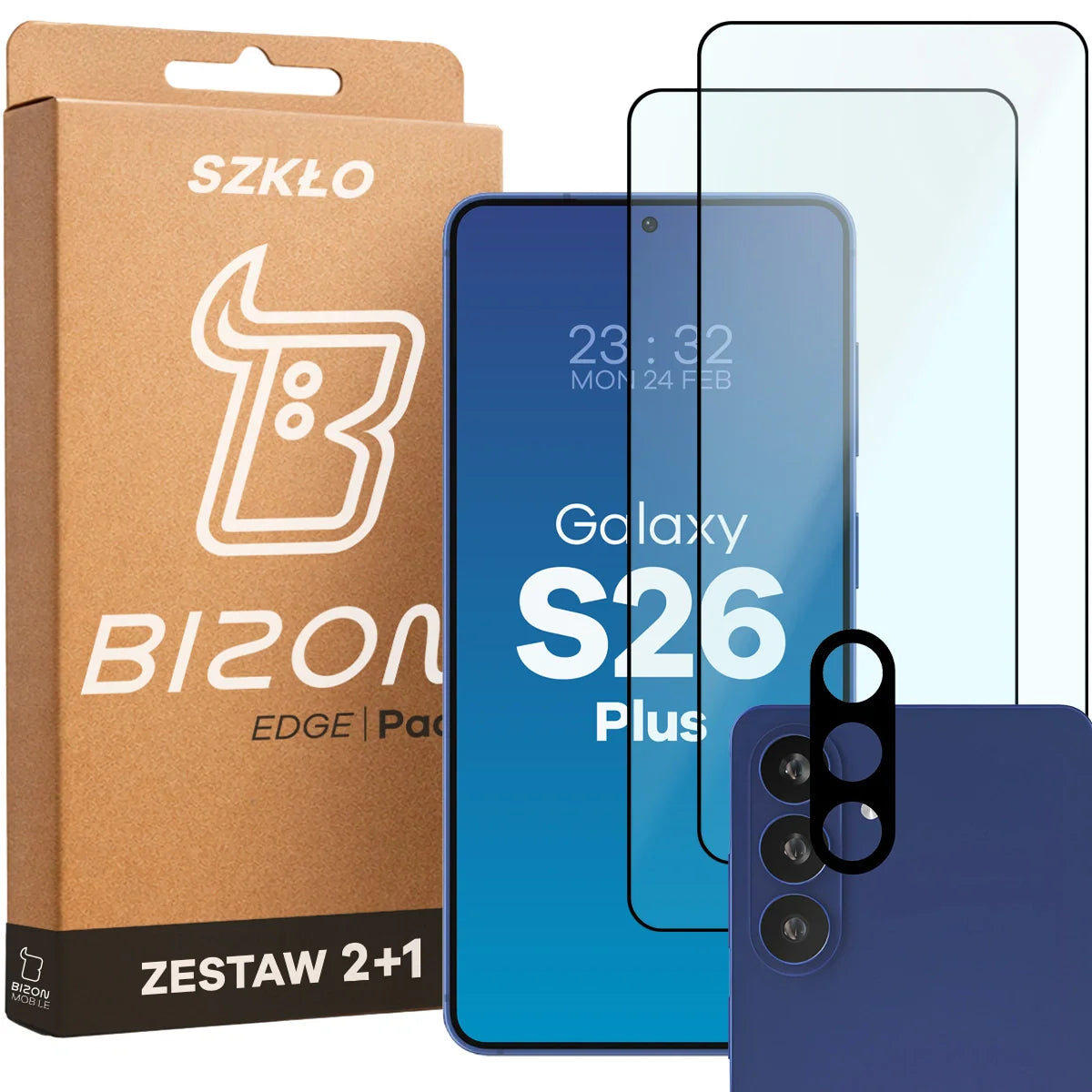 Gehärtetes Glas - 2 Stück + Kameraschutz für Galaxy S26 Plus, Bizon Glass Edge Pack, Schwarz