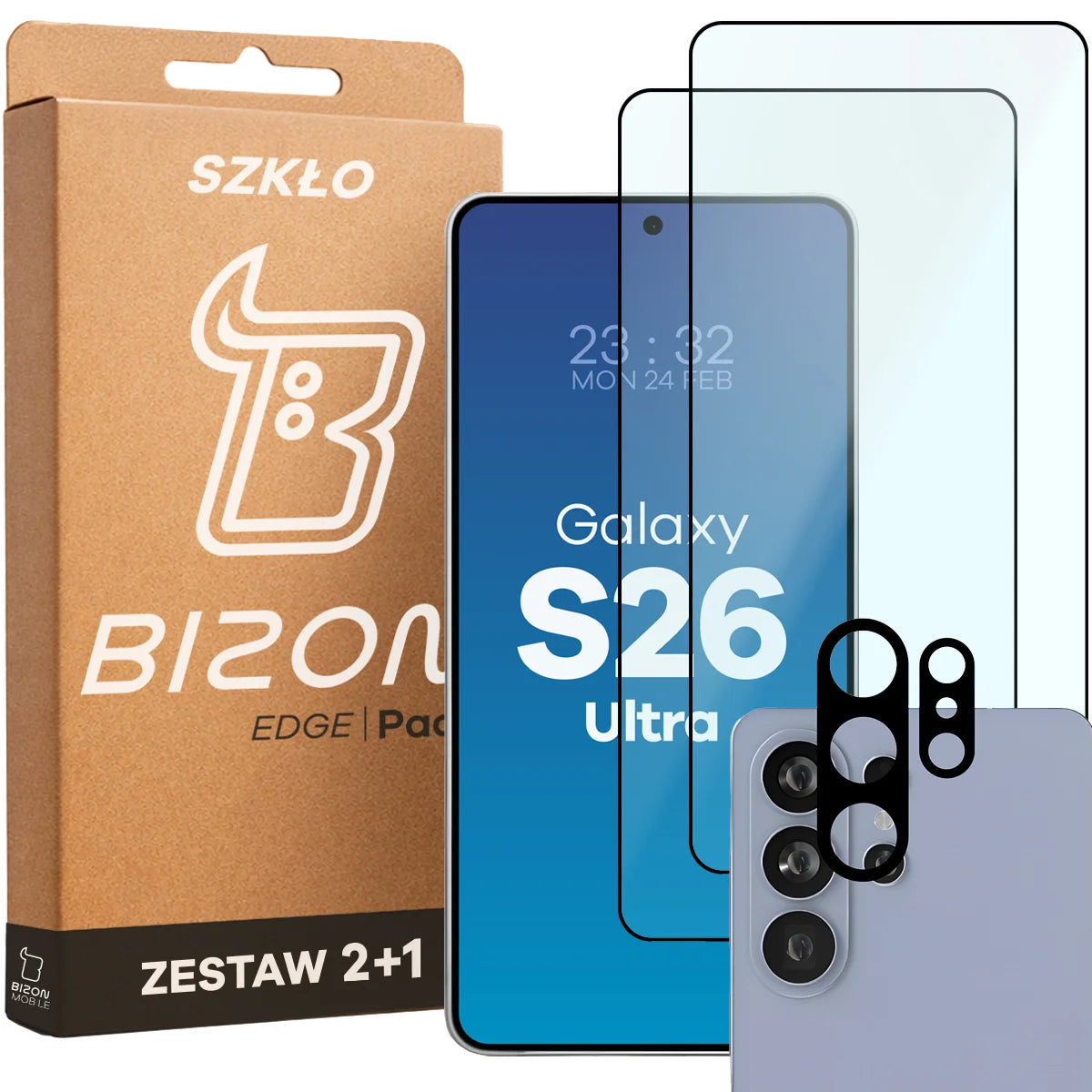 Gehärtetes Glas - 2 Stück + Kameraschutz für Galaxy S26 Ultra, Bizon Glass Edge Pack, Schwarz