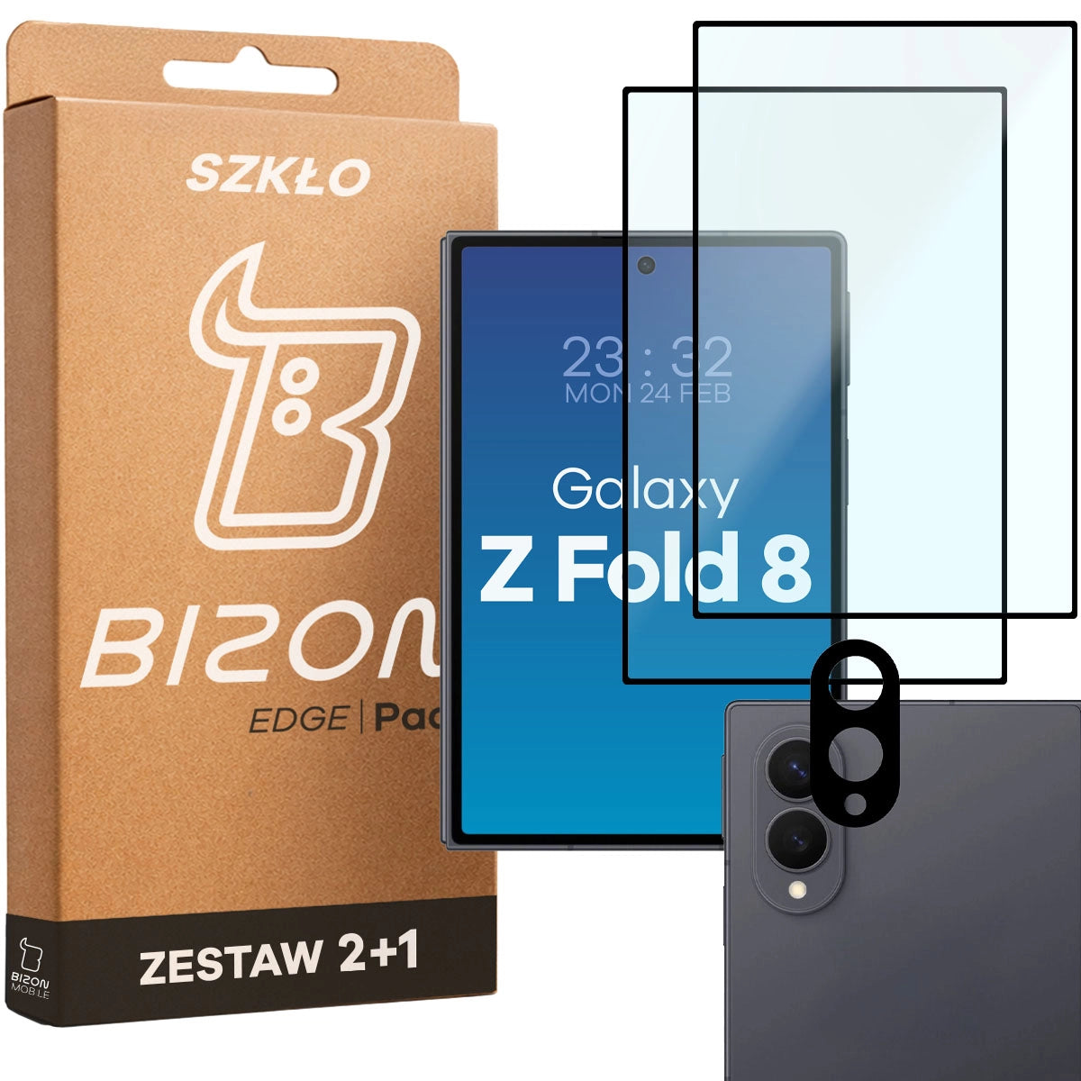 Gehärtetes Glas - 2 Stück + Kameraschutz für Galaxy Z Fold8, Bizon Glass Edge Pack, Schwarz