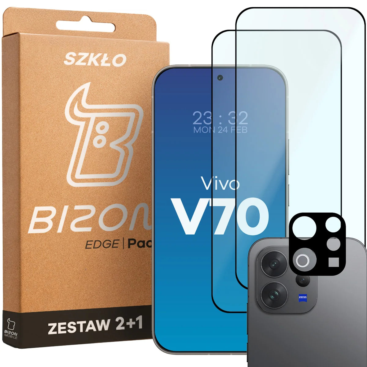 Gehärtetes Glas - 2 Stück + Kameraschutz für Vivo V70 5G, Bizon Glass Edge Pack, Schwarz