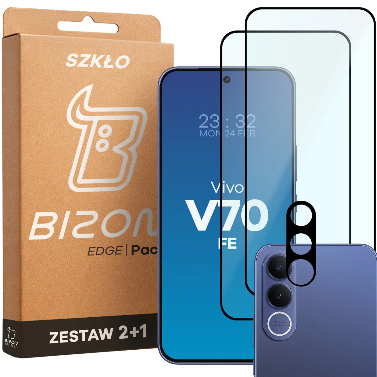 Gehärtetes Glas - 2 Stück + Kameraschutz für Vivo V70 FE 5G, Bizon Glass Edge Pack, Schwarz