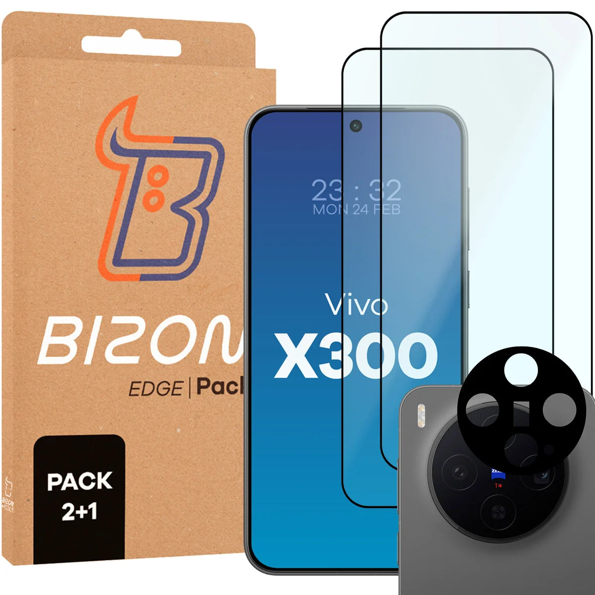 Gehärtetes Glas - 2 Stück + Kameraschutz für Vivo X300, Bizon Glass Edge Pack, Schwarz