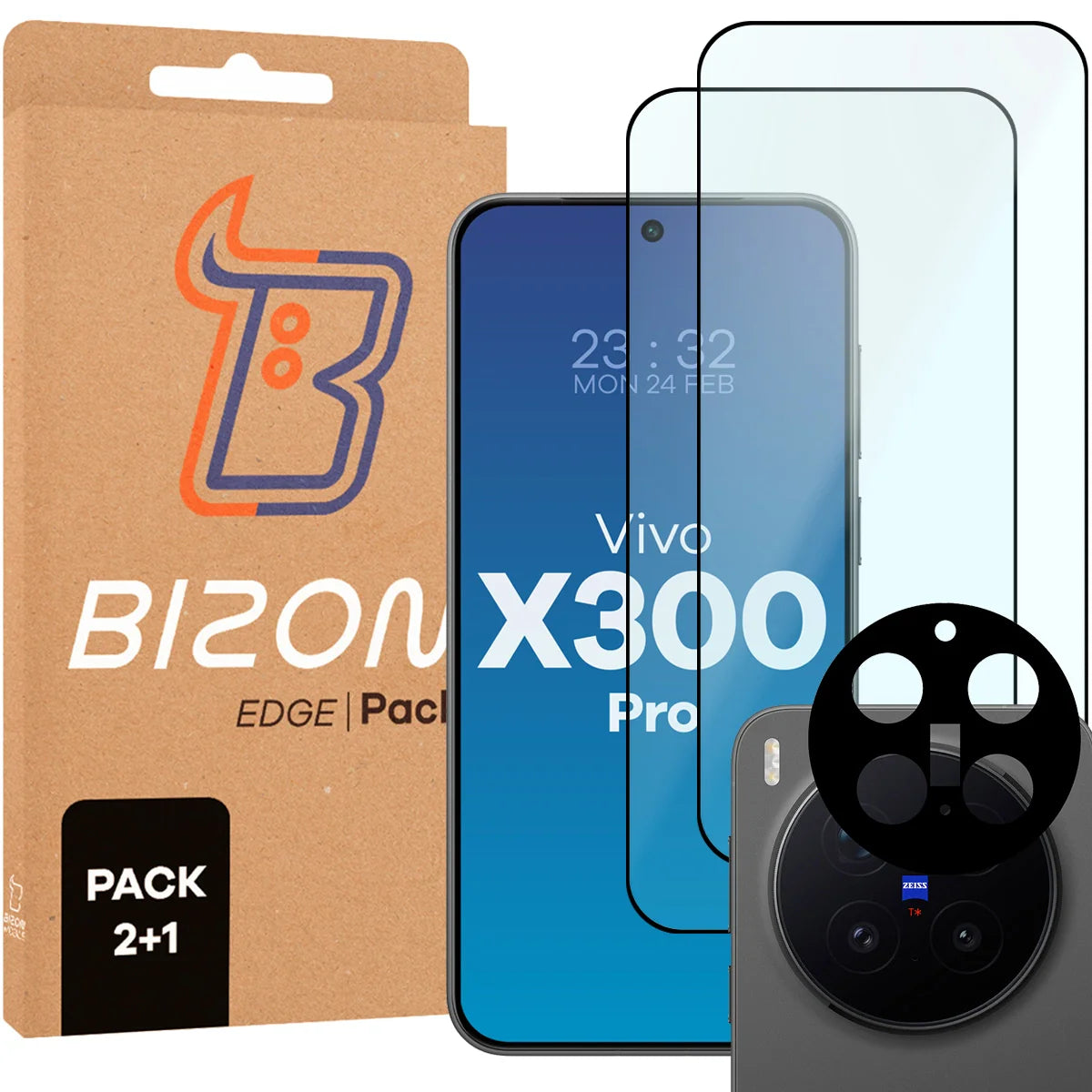 Gehärtetes Glas - 2 Stück + Kameraschutz für Vivo X300 Pro, Bizon Glass Edge Pack, Schwarz