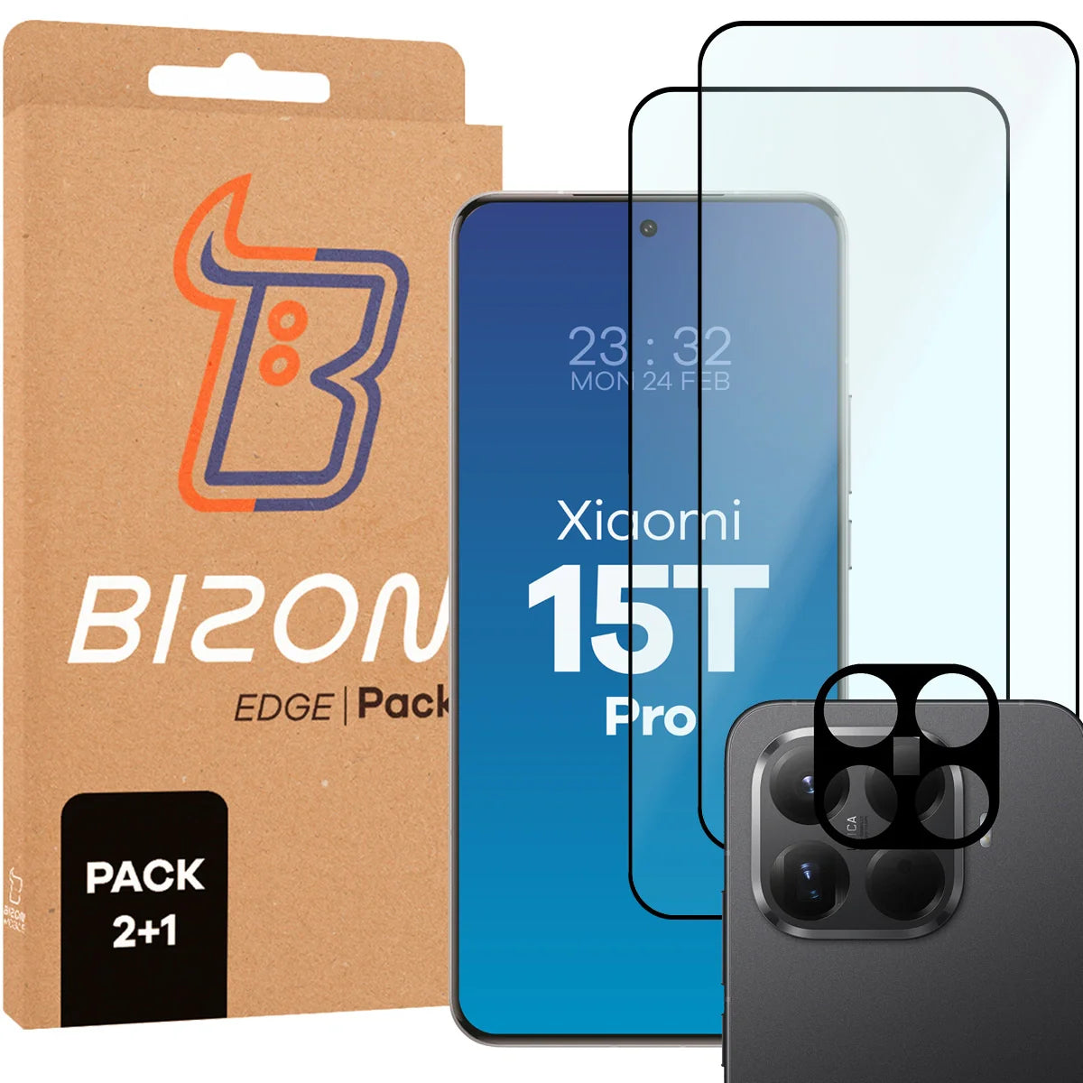 Gehärtetes Glas - 2 Stück + Kameraschutz für Xiaomi 15T Pro, Bizon Glass Edge Pack, Schwarz