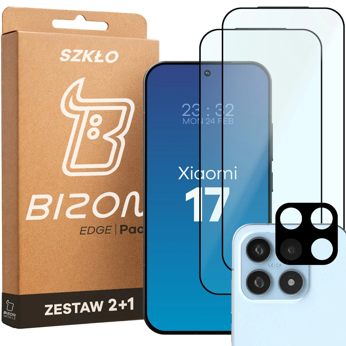 Gehärtetes Glas - 2 Stück + Kameraschutz für Xiaomi 17, Bizon Glass Edge Pack, Schwarz