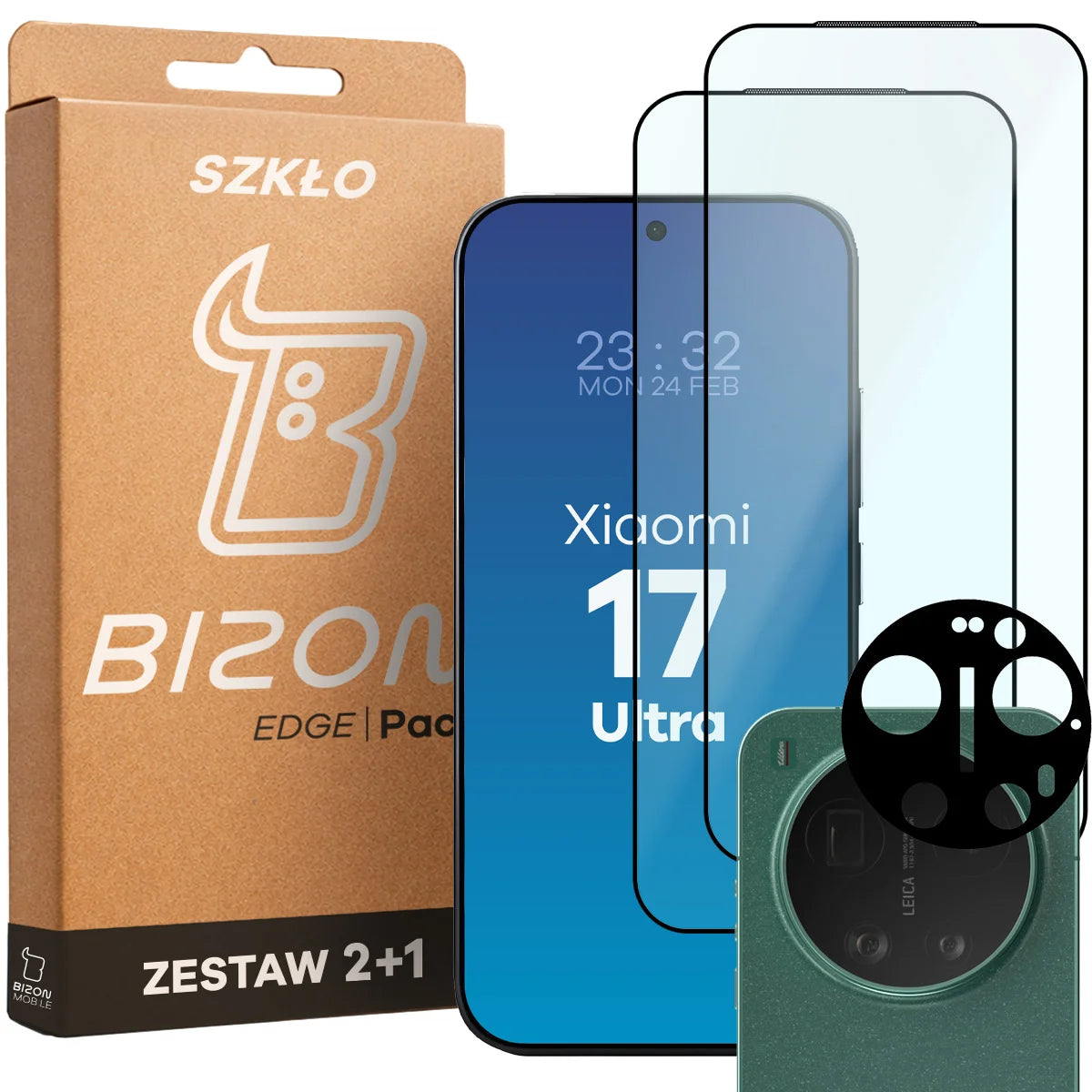 Gehärtetes Glas - 2 Stück + Kameraschutz für Xiaomi 17 Ultra, Bizon Glass Edge Pack, Schwarz