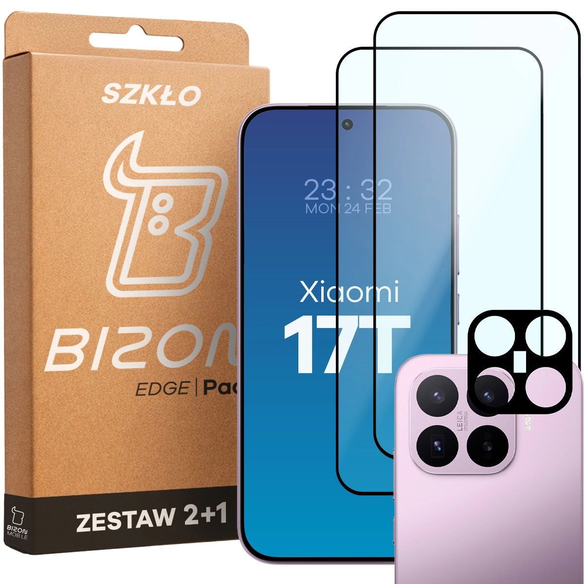 Gehärtetes Glas - 2 Stück + Kameraschutz für Xiaomi 17T, Bizon Glass Edge Pack, Schwarz