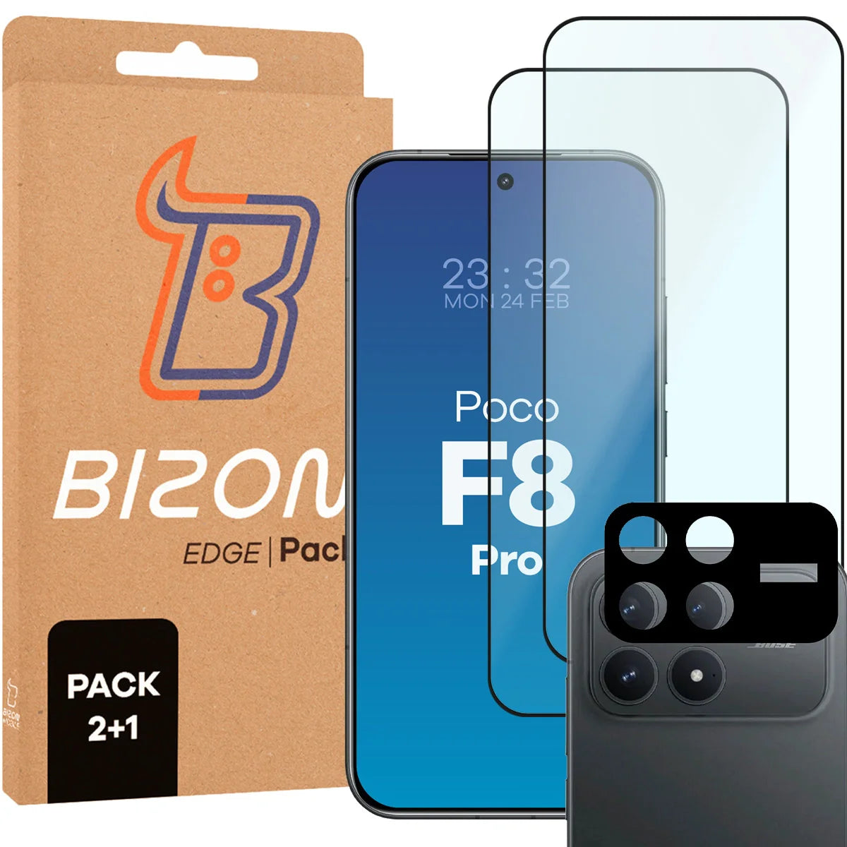 Gehärtetes Glas - 2 Stück + Kameraschutz für Xiaomi POCO F8 Pro, Bizon Glass Edge Pack, Schwarz